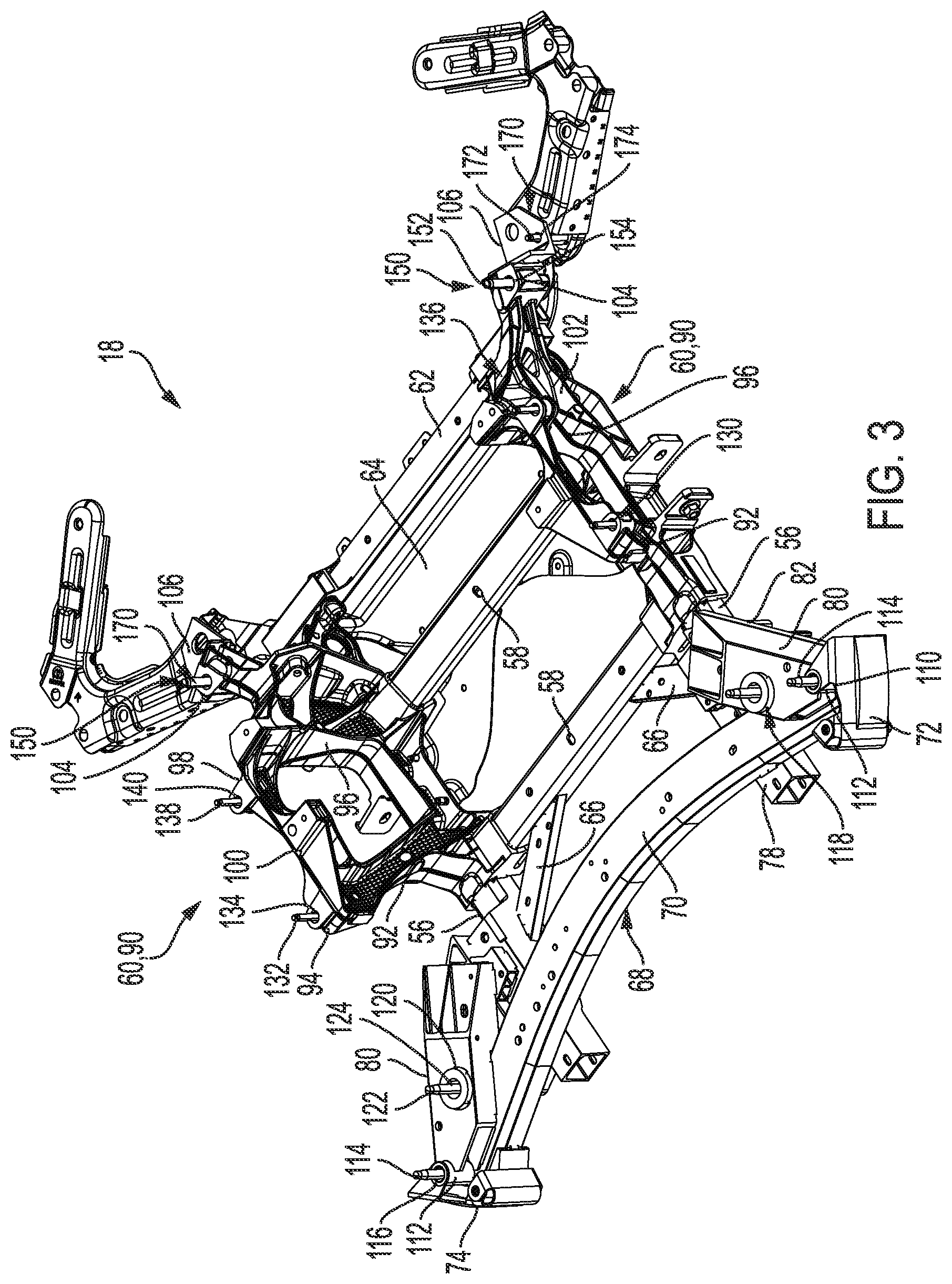 Patent US11814100 Figure 3 – Vehicle cradle assembly with impact detachment script