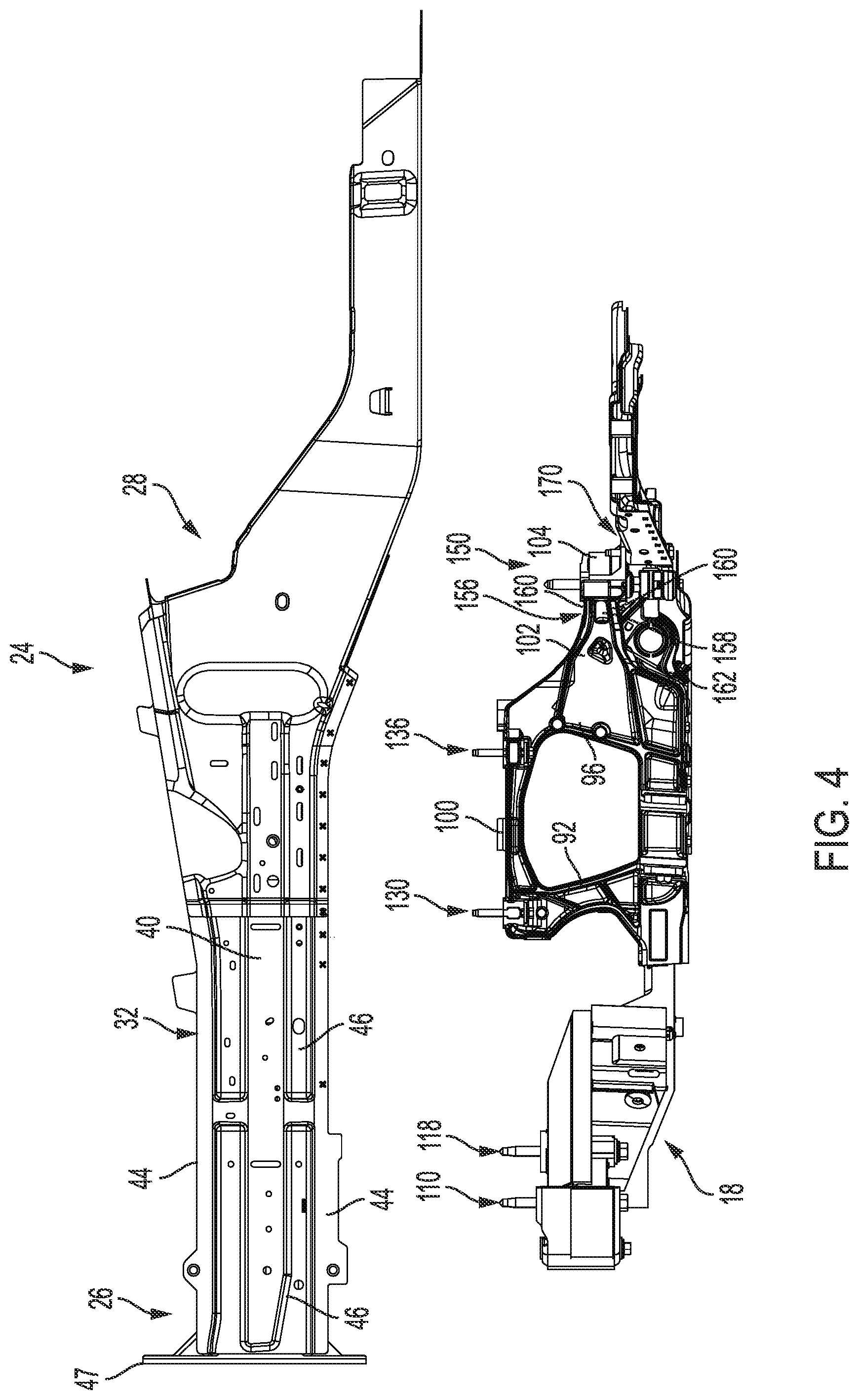 Patent US11814100 Figure 4 – Vehicle cradle assembly with impact detachment script