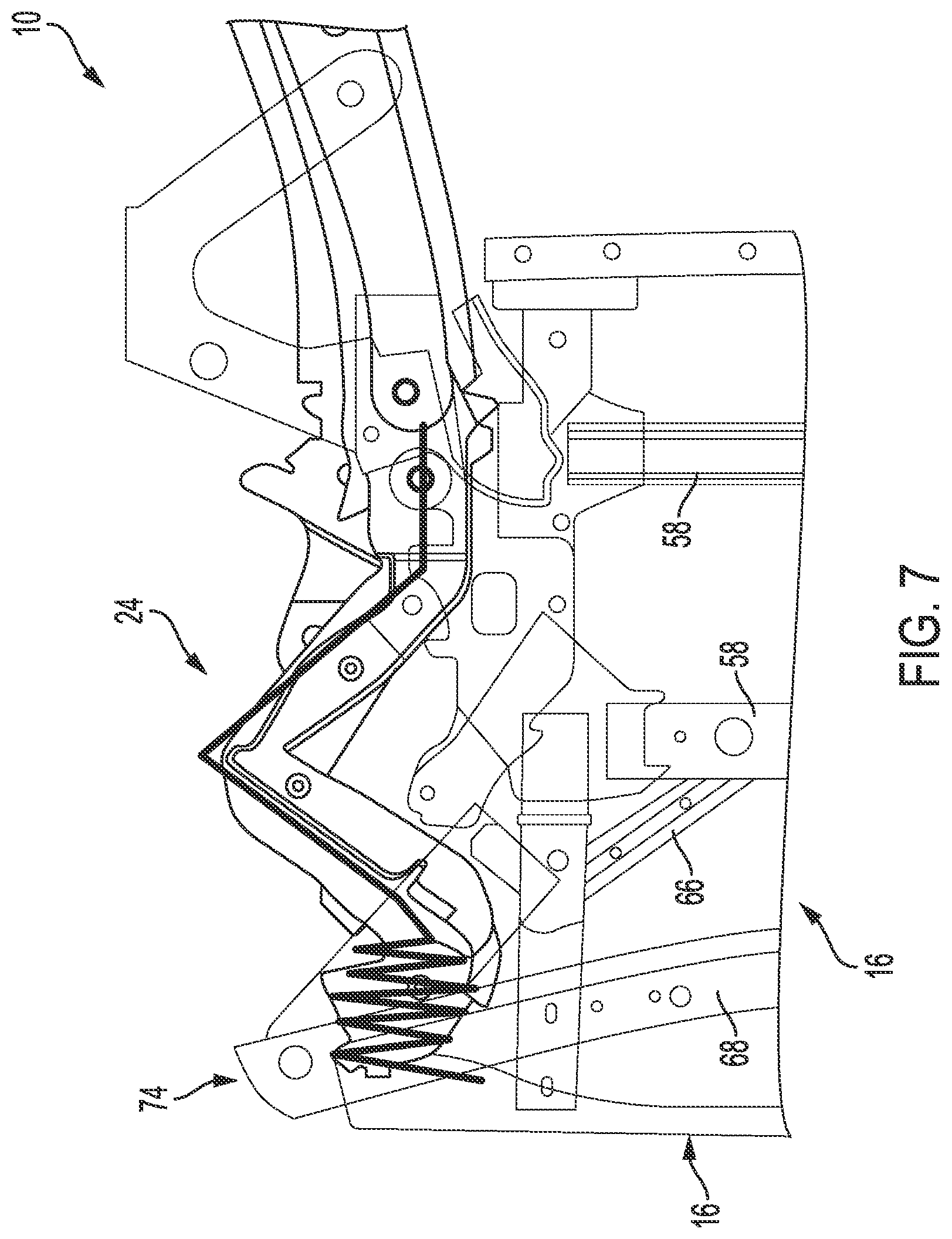 Patent US11814100 Figure 6 – Vehicle cradle assembly with impact detachment script