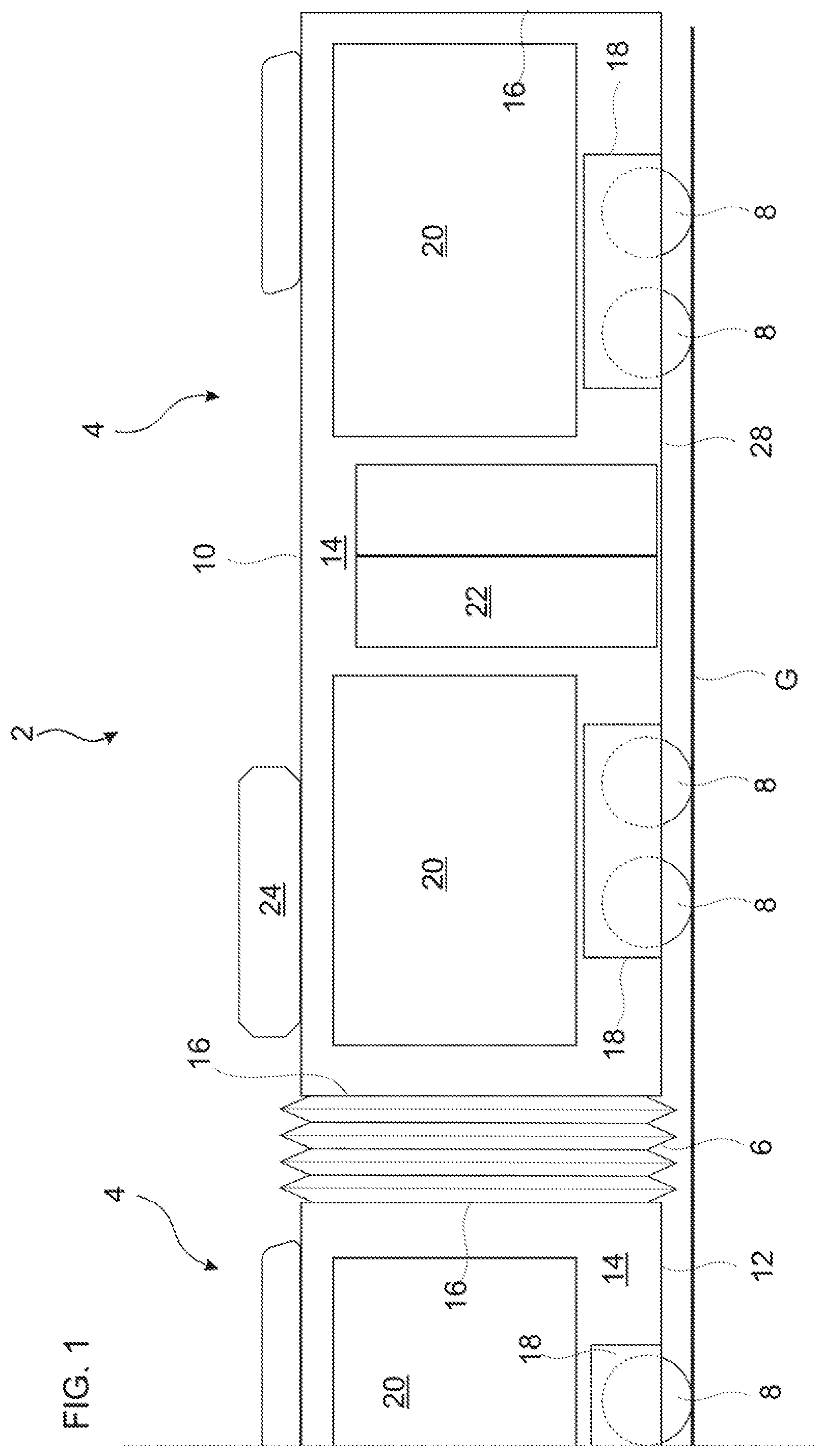 Patent US11814115 Figure 1 – Low platform bus with steering modules