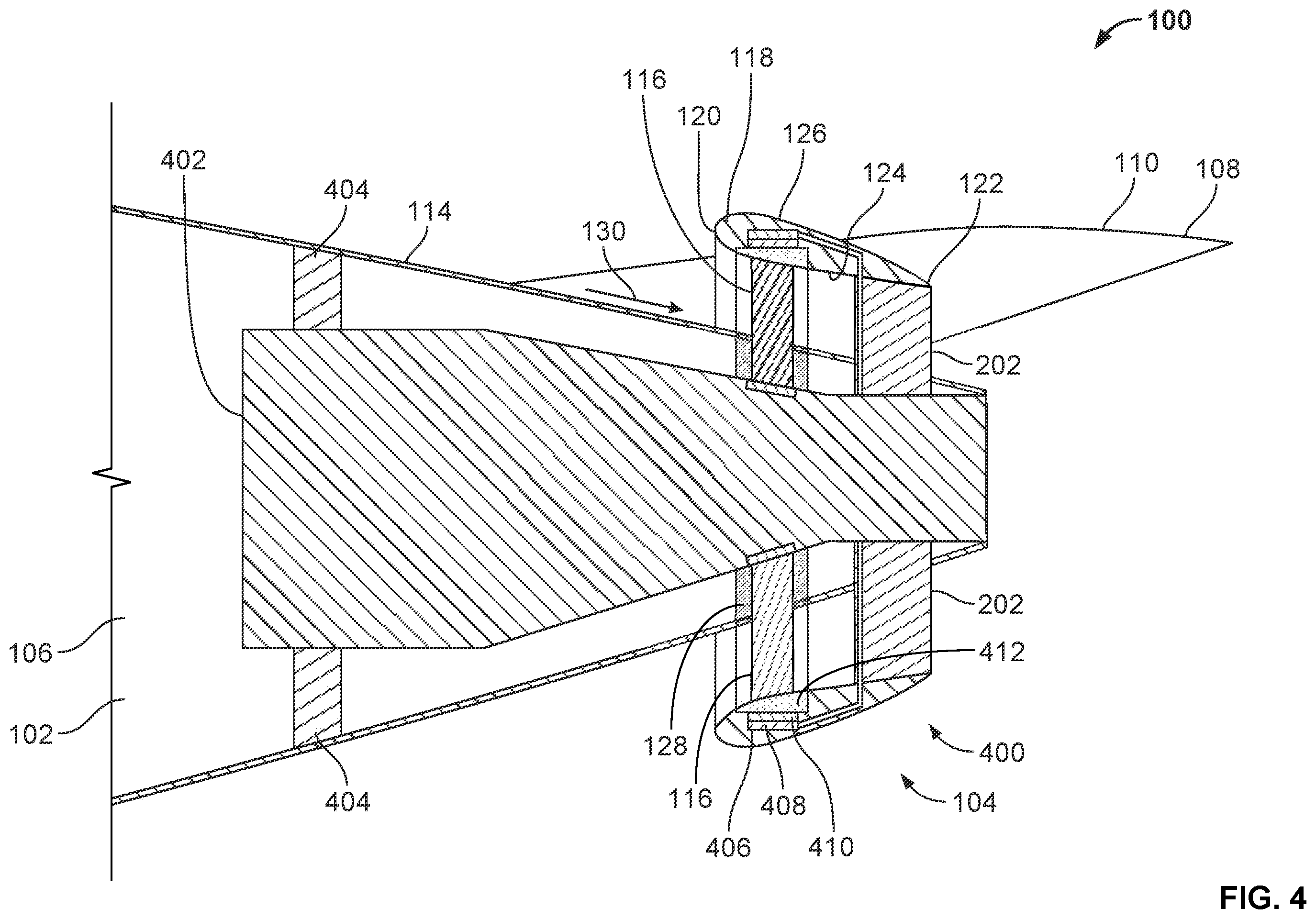 Patent US11814152 Figure 4 – Methods and apparatus for accelerating an aircraft fuselage boundary layer via a fan powered by an auxiliary power unit of the aircraft