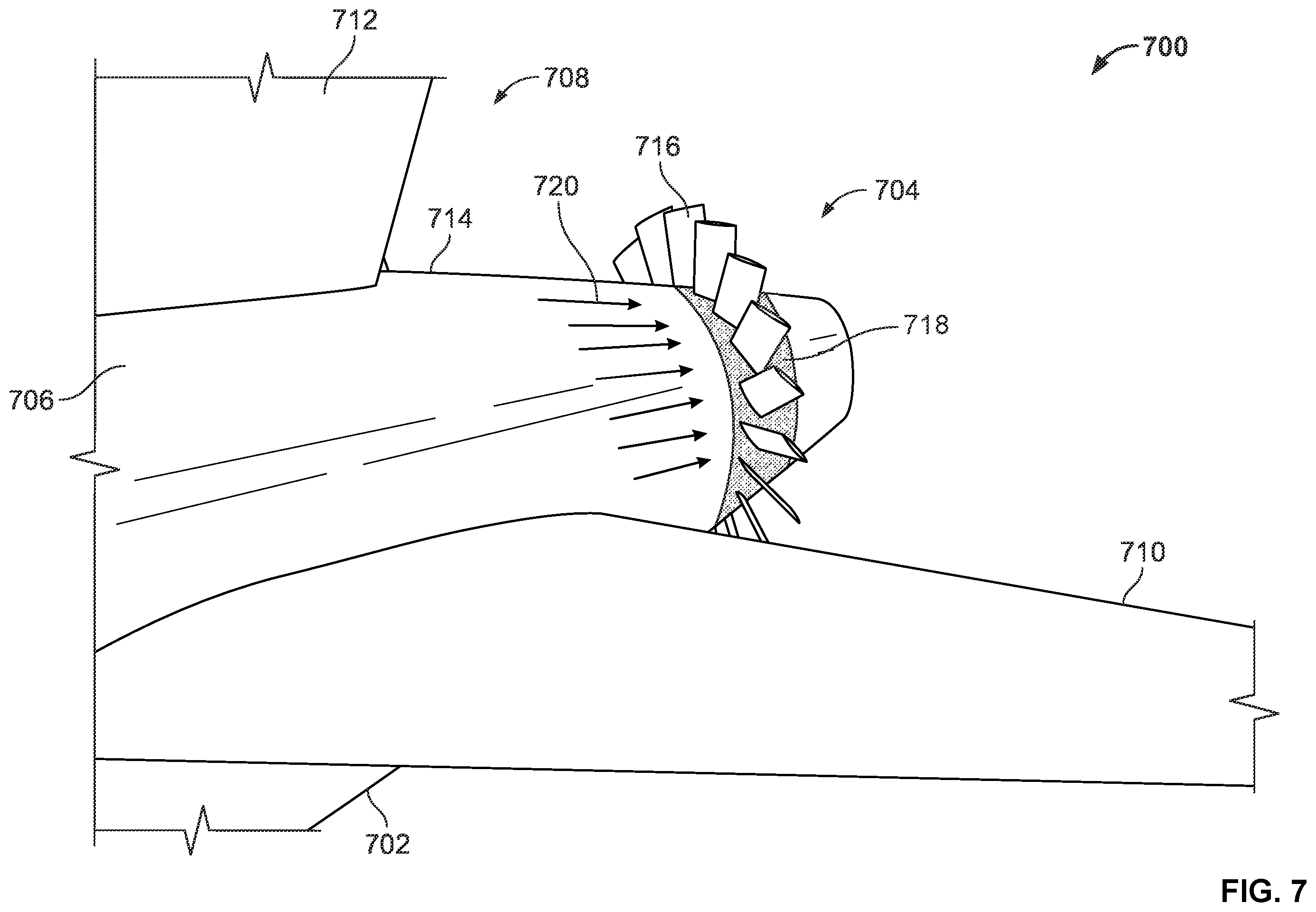 Patent US11814152 Figure 7 – Methods and apparatus for accelerating an aircraft fuselage boundary layer via a fan powered by an auxiliary power unit of the aircraft