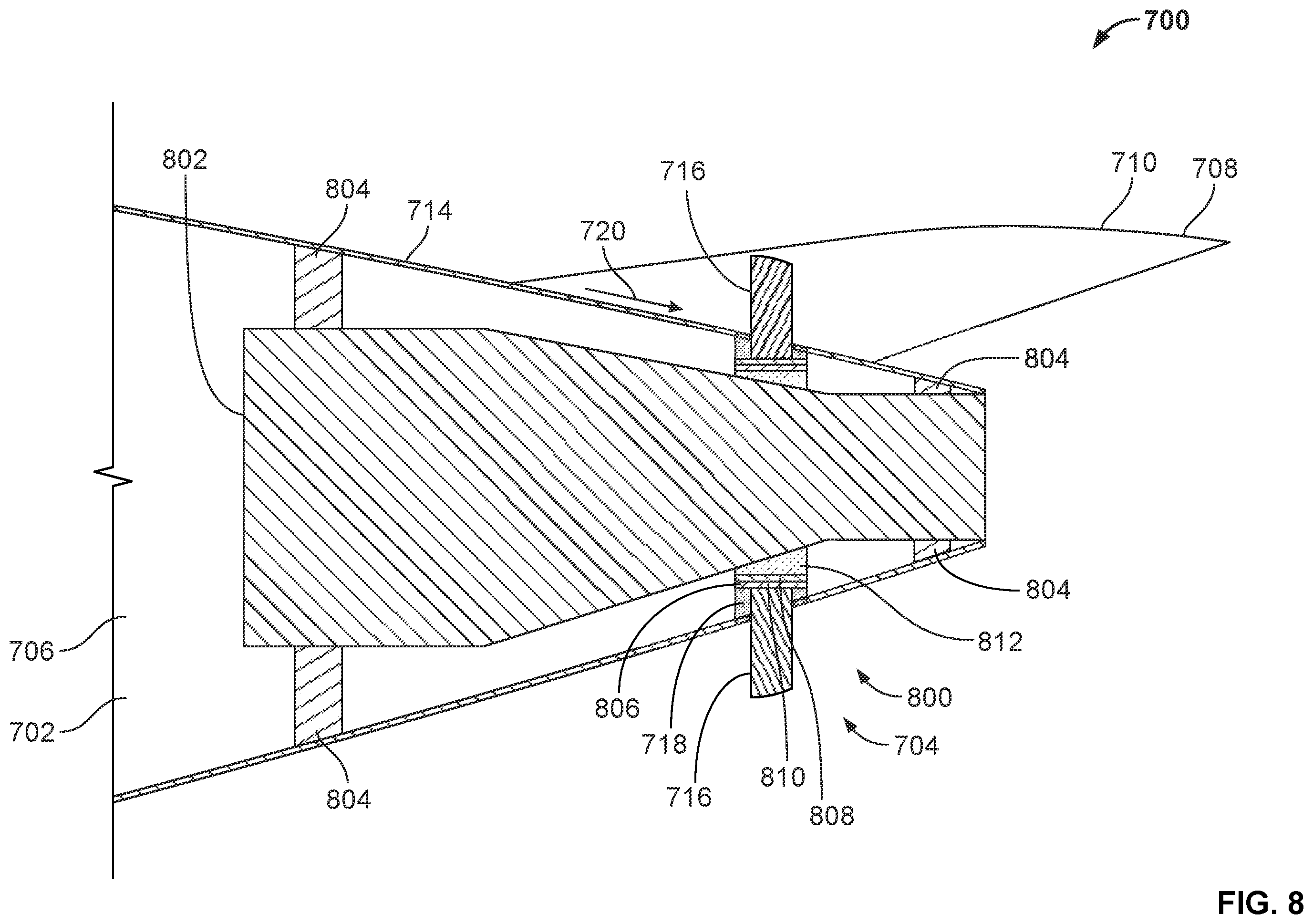 Patent US11814152 Figure 8 – Methods and apparatus for accelerating an aircraft fuselage boundary layer via a fan powered by an auxiliary power unit of the aircraft