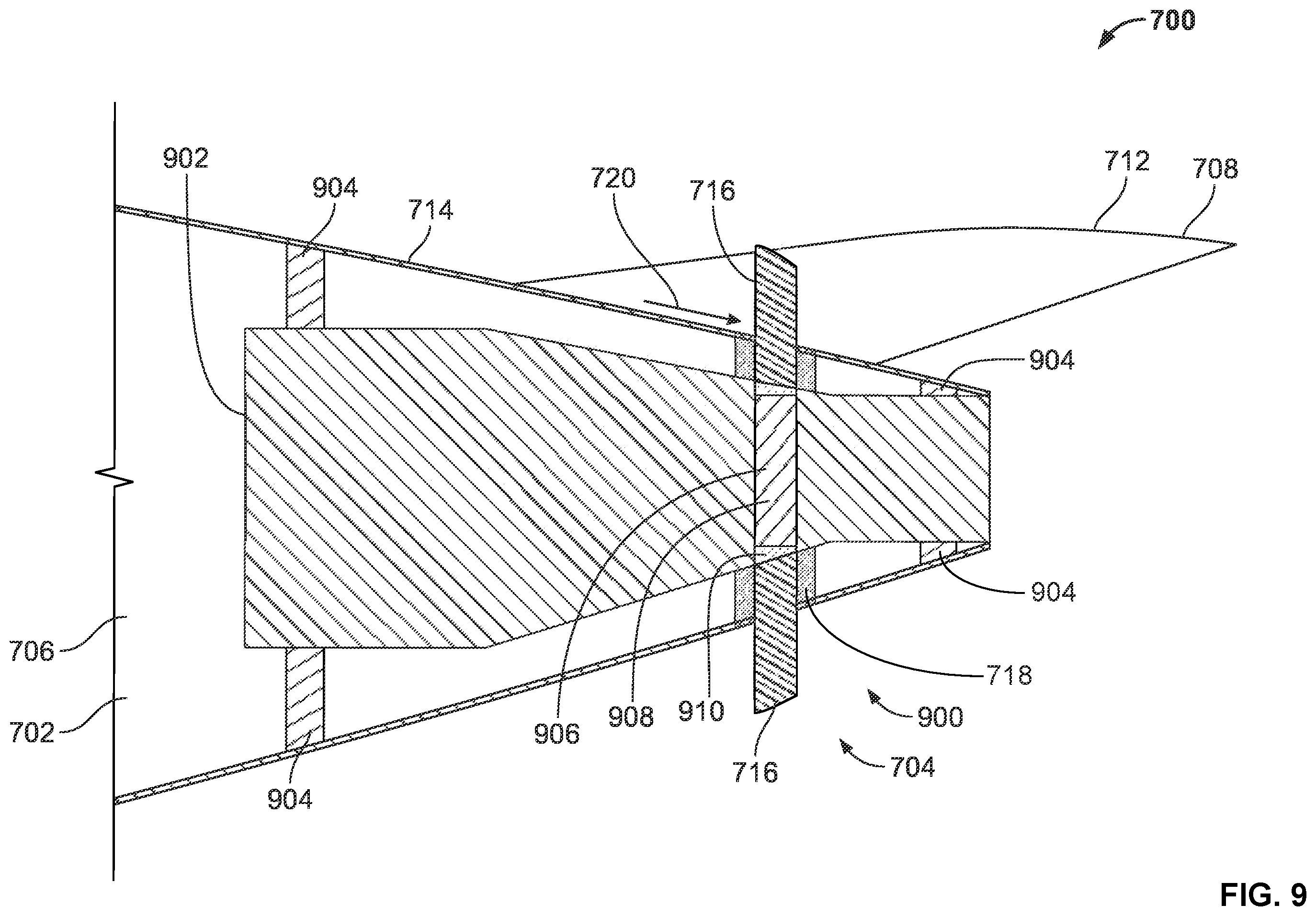 Patent US11814152 Figure 9 – Methods and apparatus for accelerating an aircraft fuselage boundary layer via a fan powered by an auxiliary power unit of the aircraft
