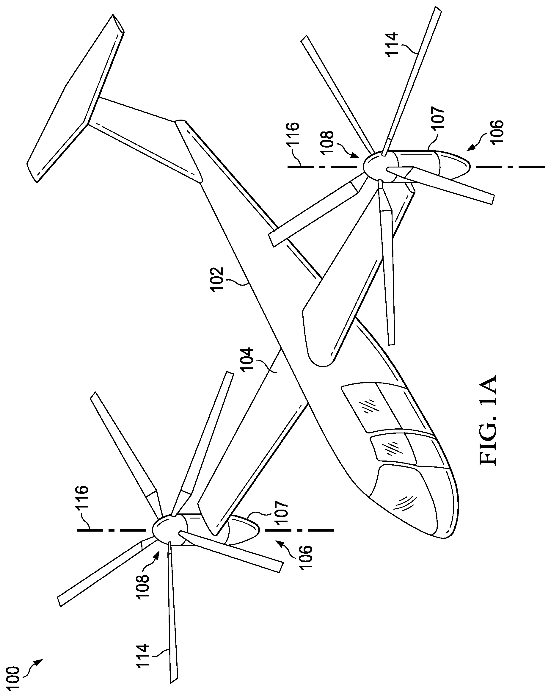 Patent US11814163 Figure 1 – Electric tiltrotor aircraft with tilting coaxial motors and gearbox