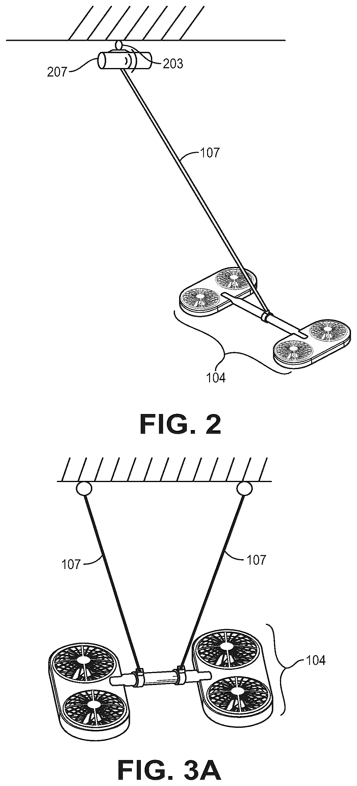Patent US11814168 Figure 2 – Suspended aerial vehicle system with thruster stabilization