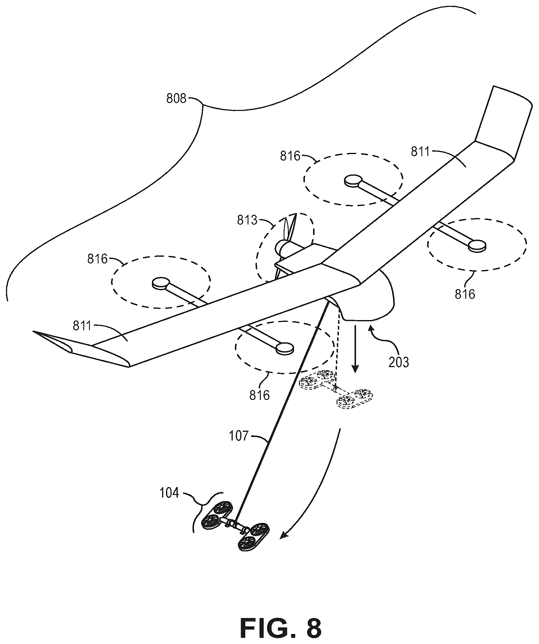 Patent US11814168 Figure 8 – Suspended aerial vehicle system with thruster stabilization
