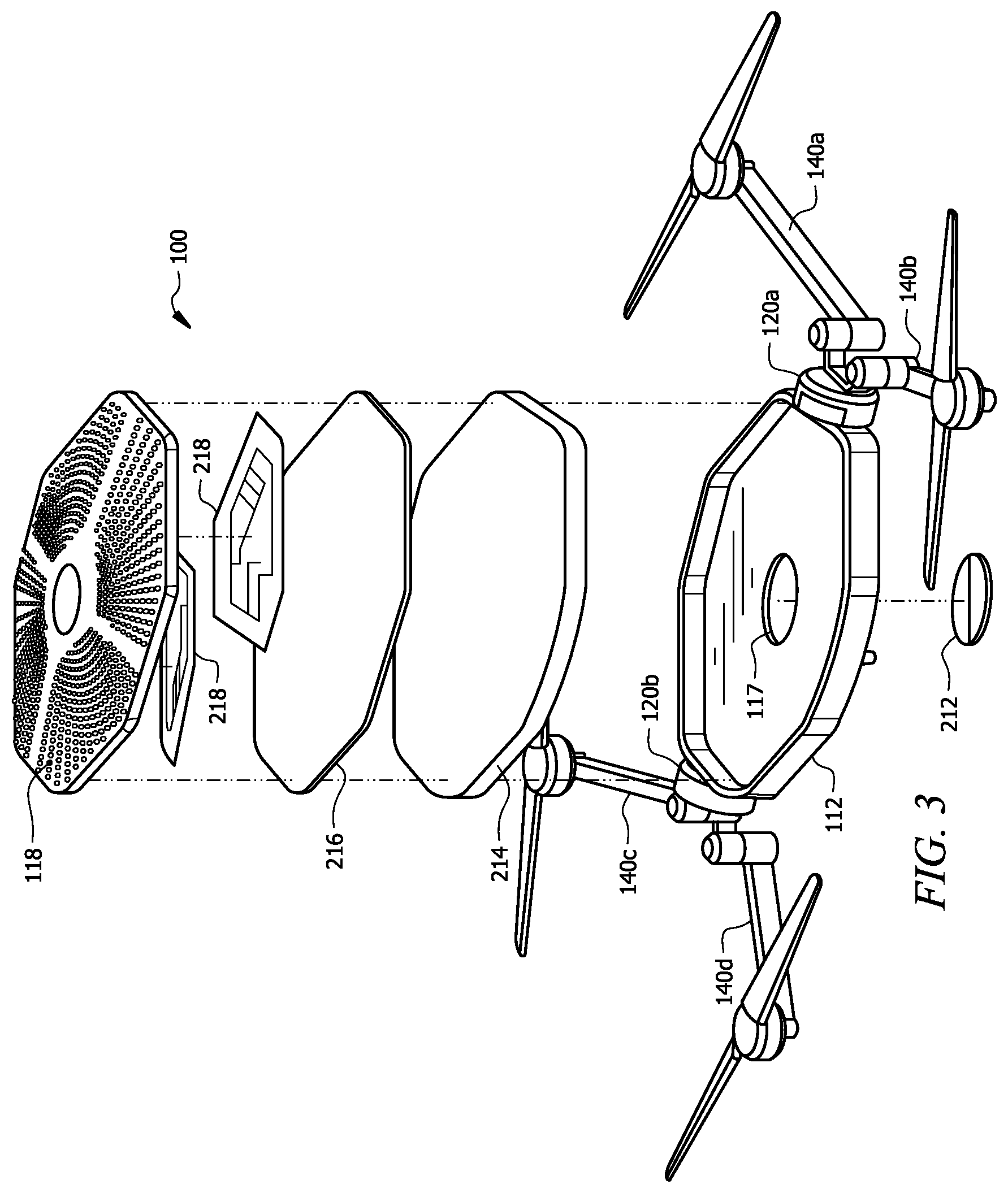 Patent US11814172 Figure 4 – Integrated convertible quadcopter with full field of regard
