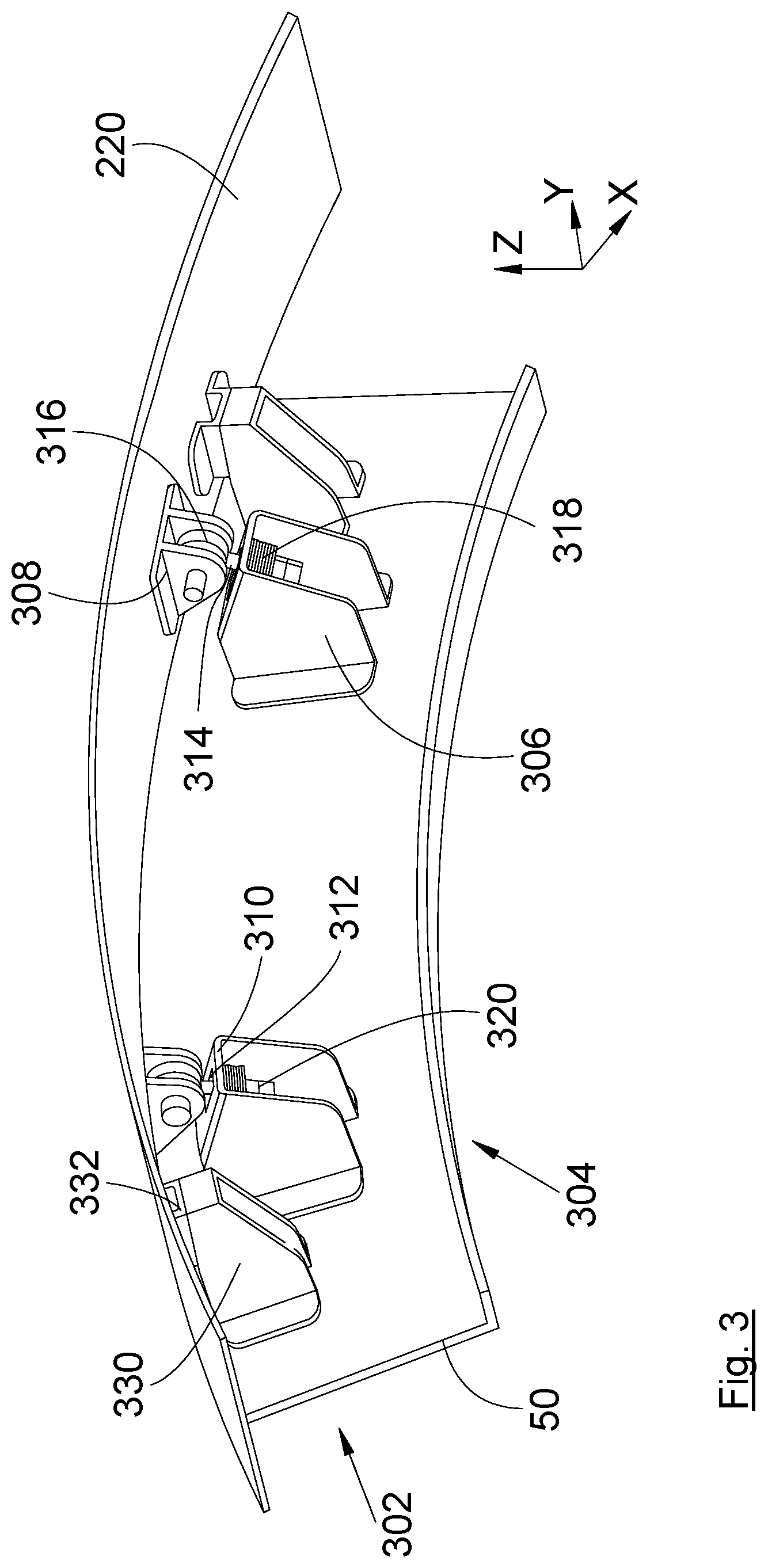 Patent US11814184 Figure 2 – Assembly for an aircraft having a pylon and a nacelle comprising a visor fitted with tensioning systems and centering systems