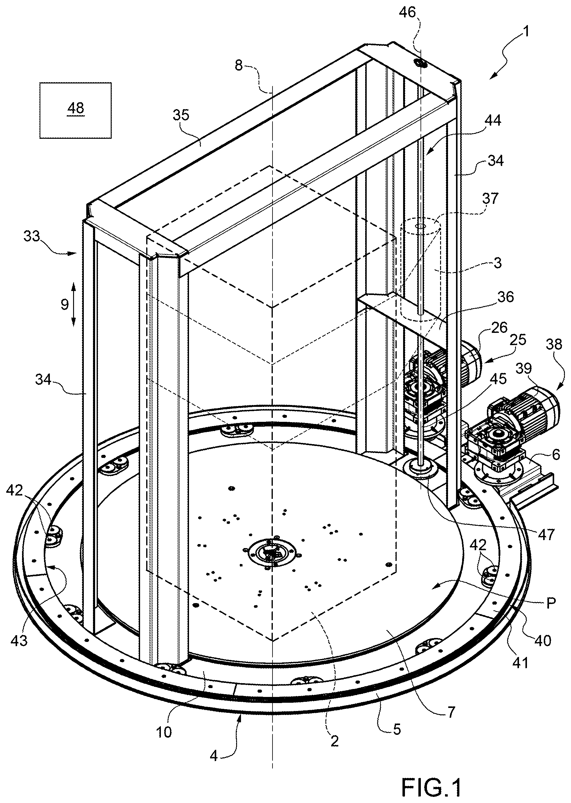 Patent US11814197 — Wrapping machine with a rotary platform — Figure 1