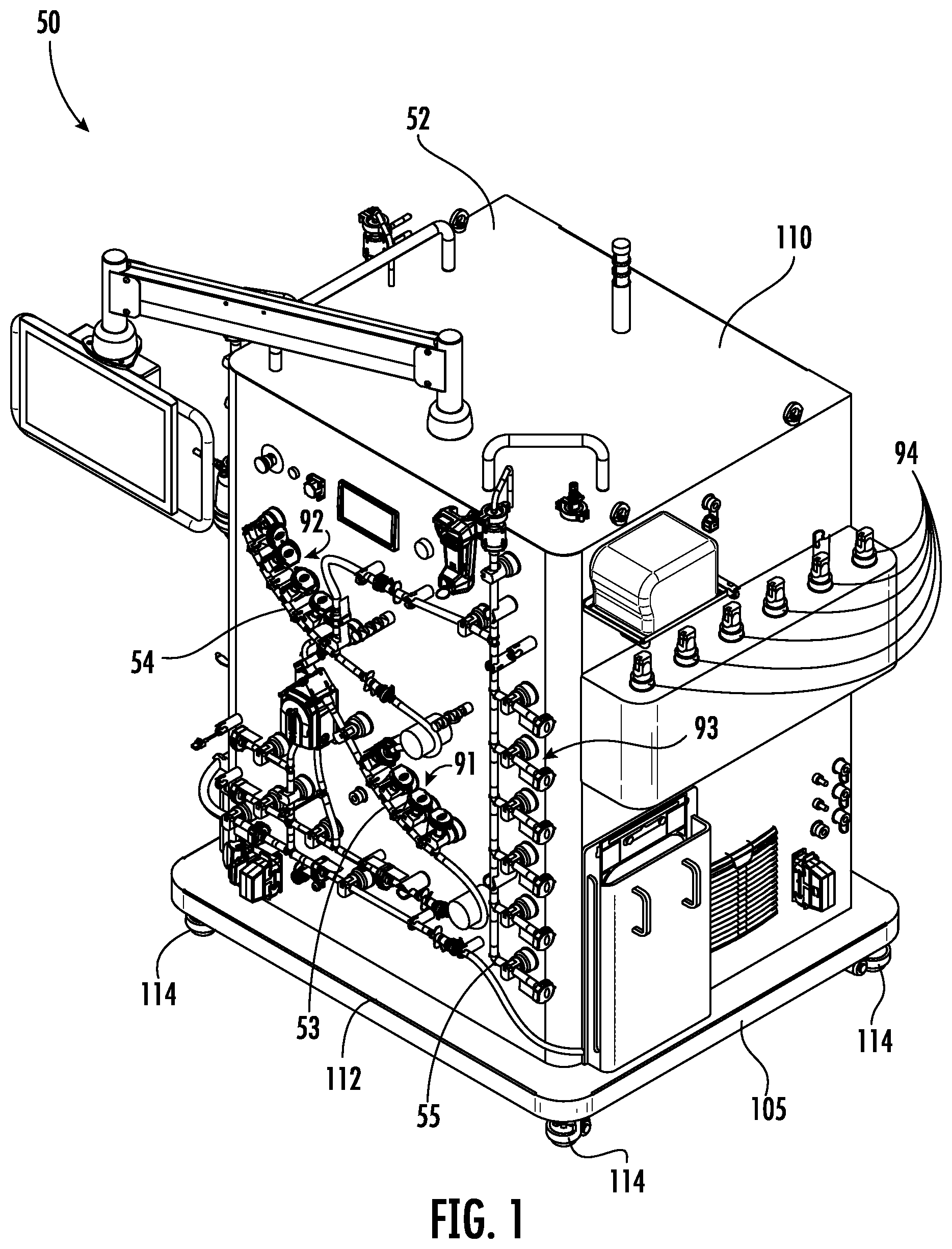 Patent US11814200 Figure 1 – Fluid distribution system with single use manifold assembly for scaled filling