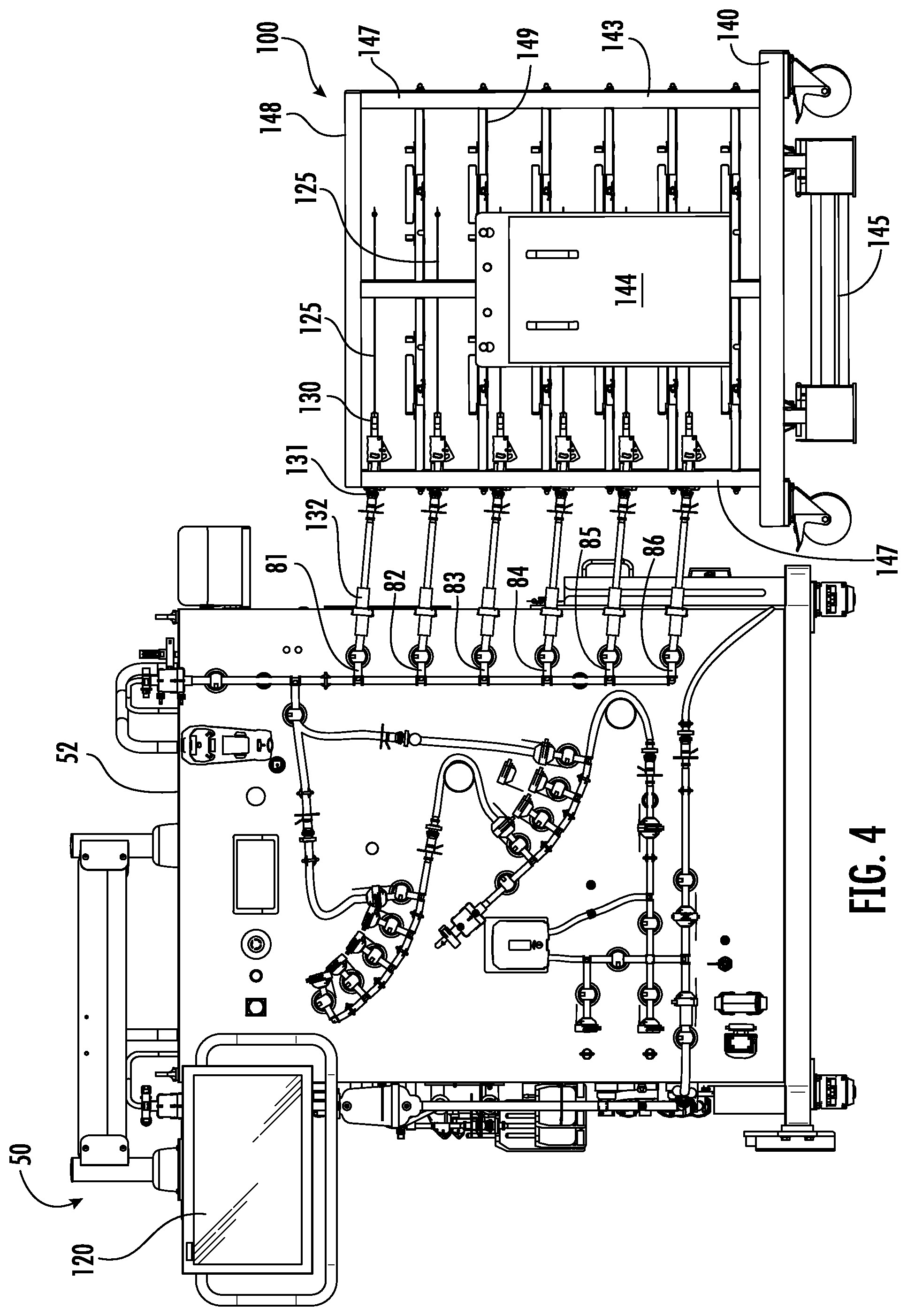 Patent US11814200 Figure 4 – Fluid distribution system with single use manifold assembly for scaled filling