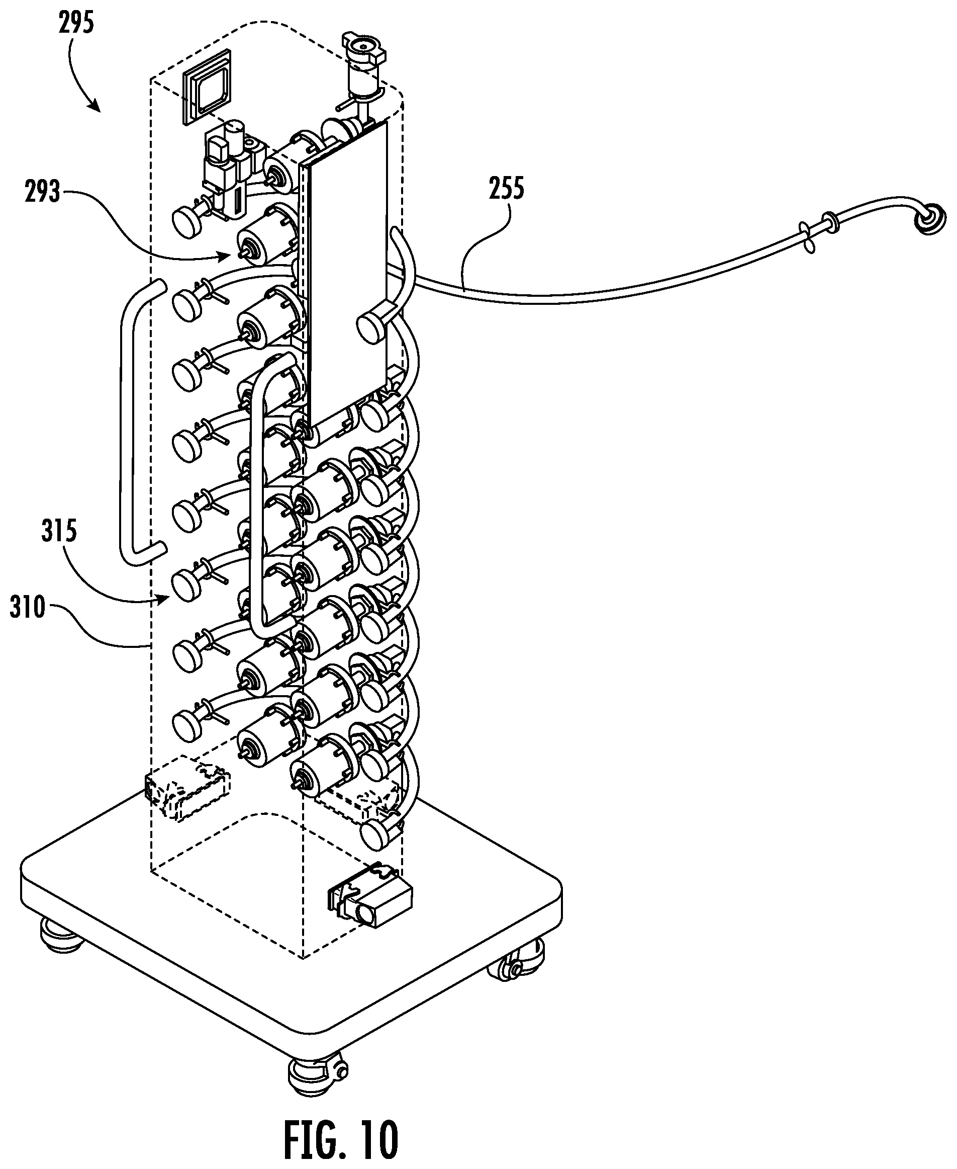 Patent US11814200 Figure 10 – Fluid distribution system with single use manifold assembly for scaled filling