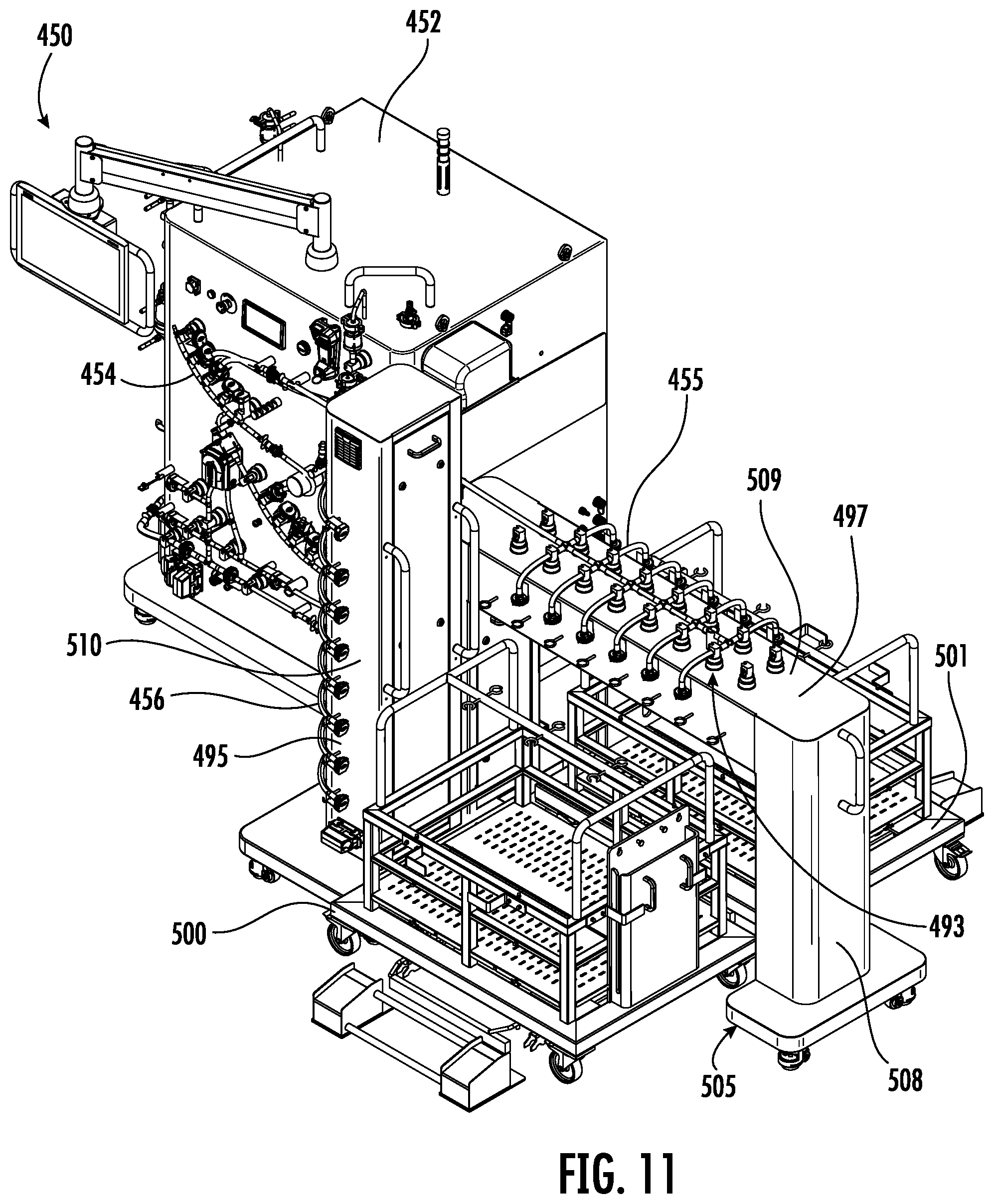 Patent US11814200 Figure 11 – Fluid distribution system with single use manifold assembly for scaled filling