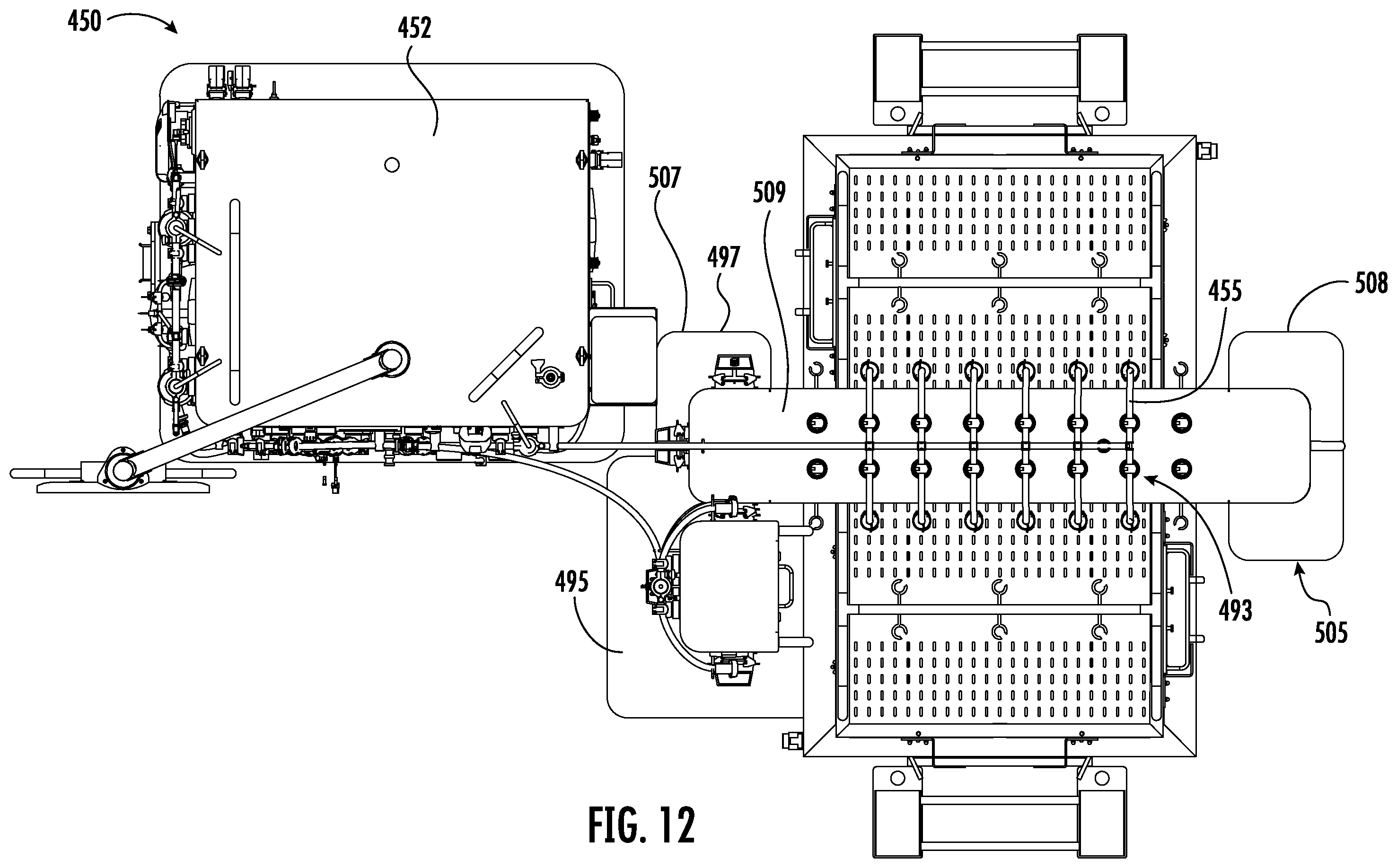 Patent US11814200 Figure 12 – Fluid distribution system with single use manifold assembly for scaled filling