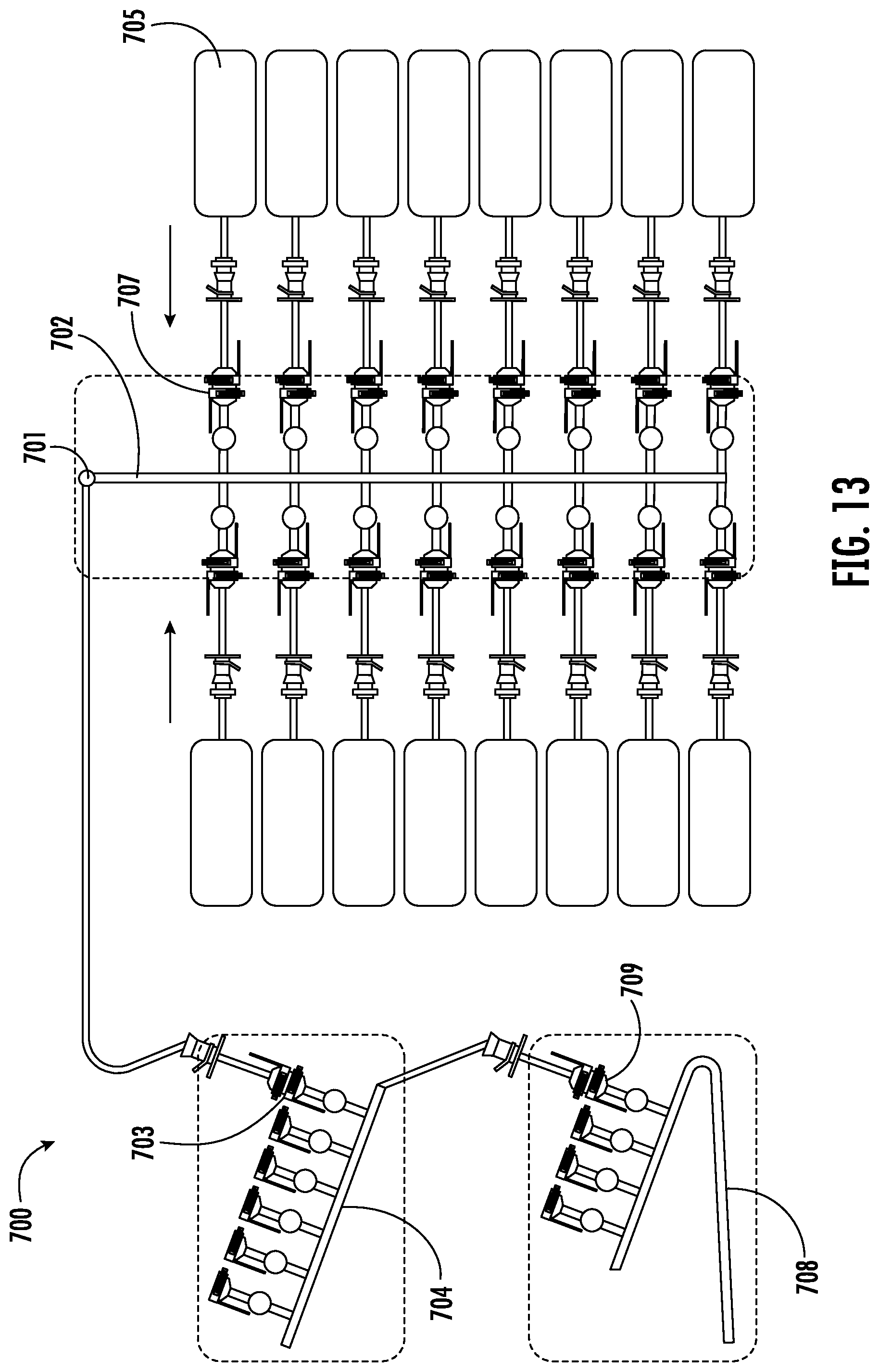 Patent US11814200 Figure 13 – Fluid distribution system with single use manifold assembly for scaled filling
