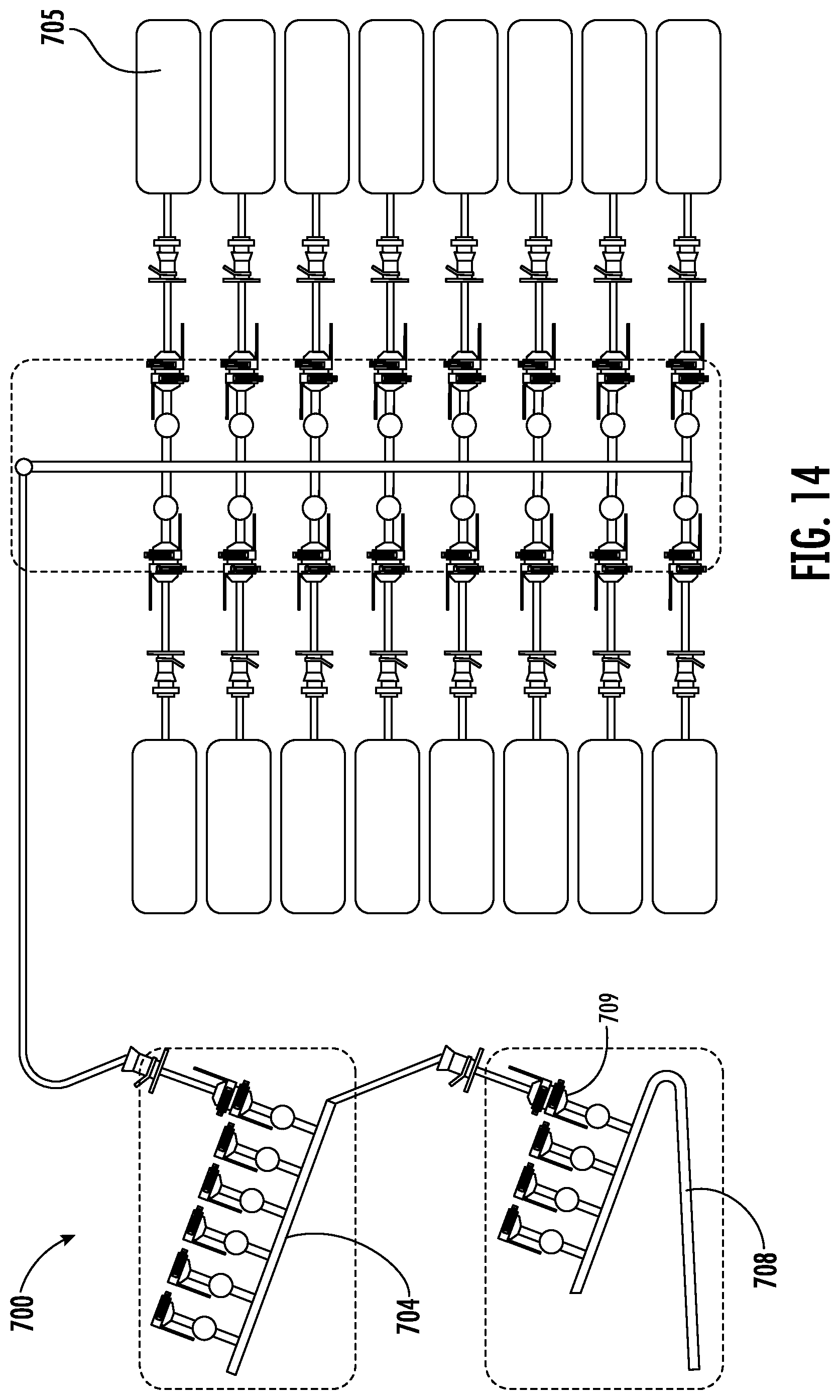 Patent US11814200 Figure 14 – Fluid distribution system with single use manifold assembly for scaled filling