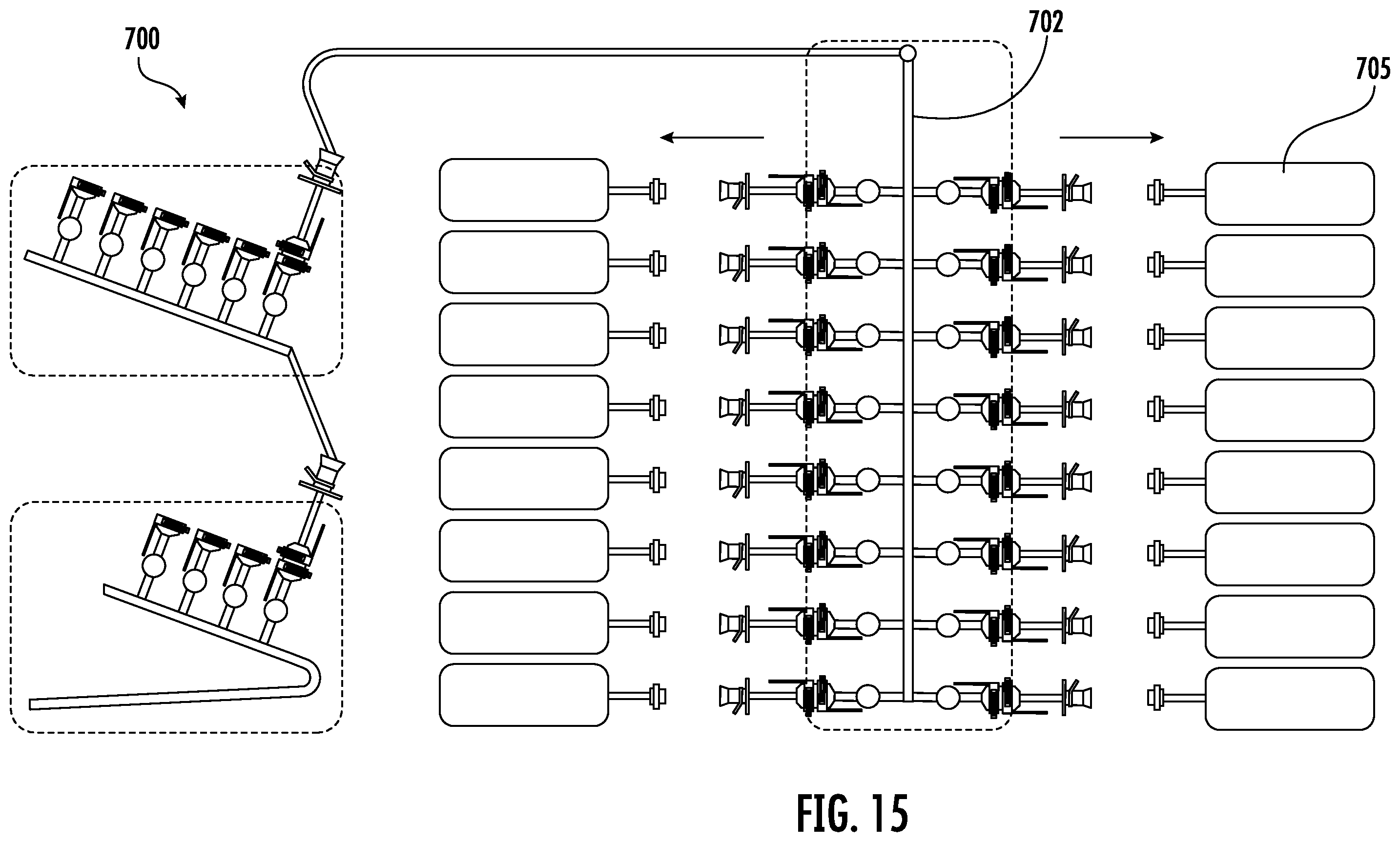 Patent US11814200 Figure 15 – Fluid distribution system with single use manifold assembly for scaled filling