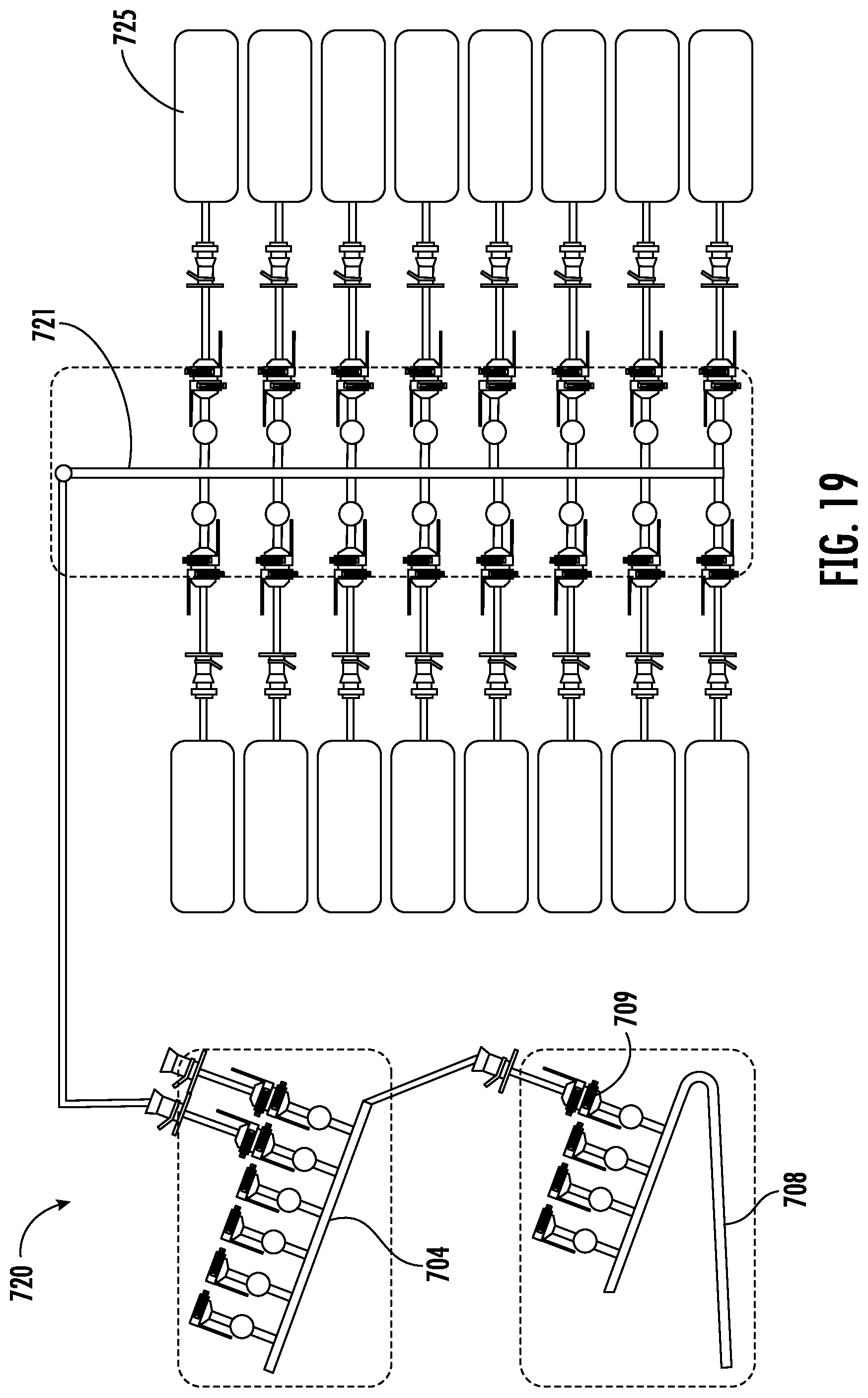 Patent US11814200 Figure 19 – Fluid distribution system with single use manifold assembly for scaled filling