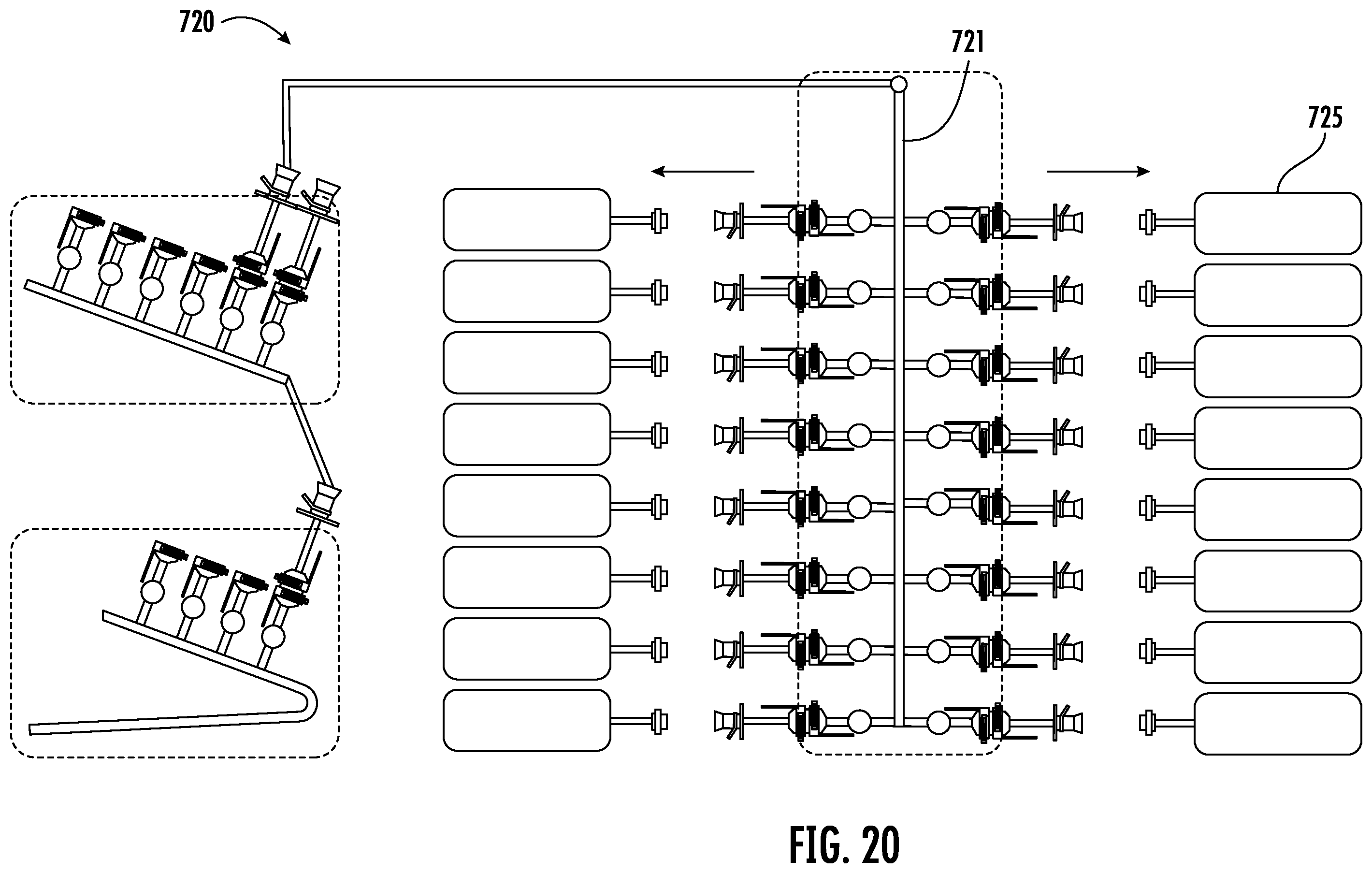 Patent US11814200 Figure 20 – Fluid distribution system with single use manifold assembly for scaled filling
