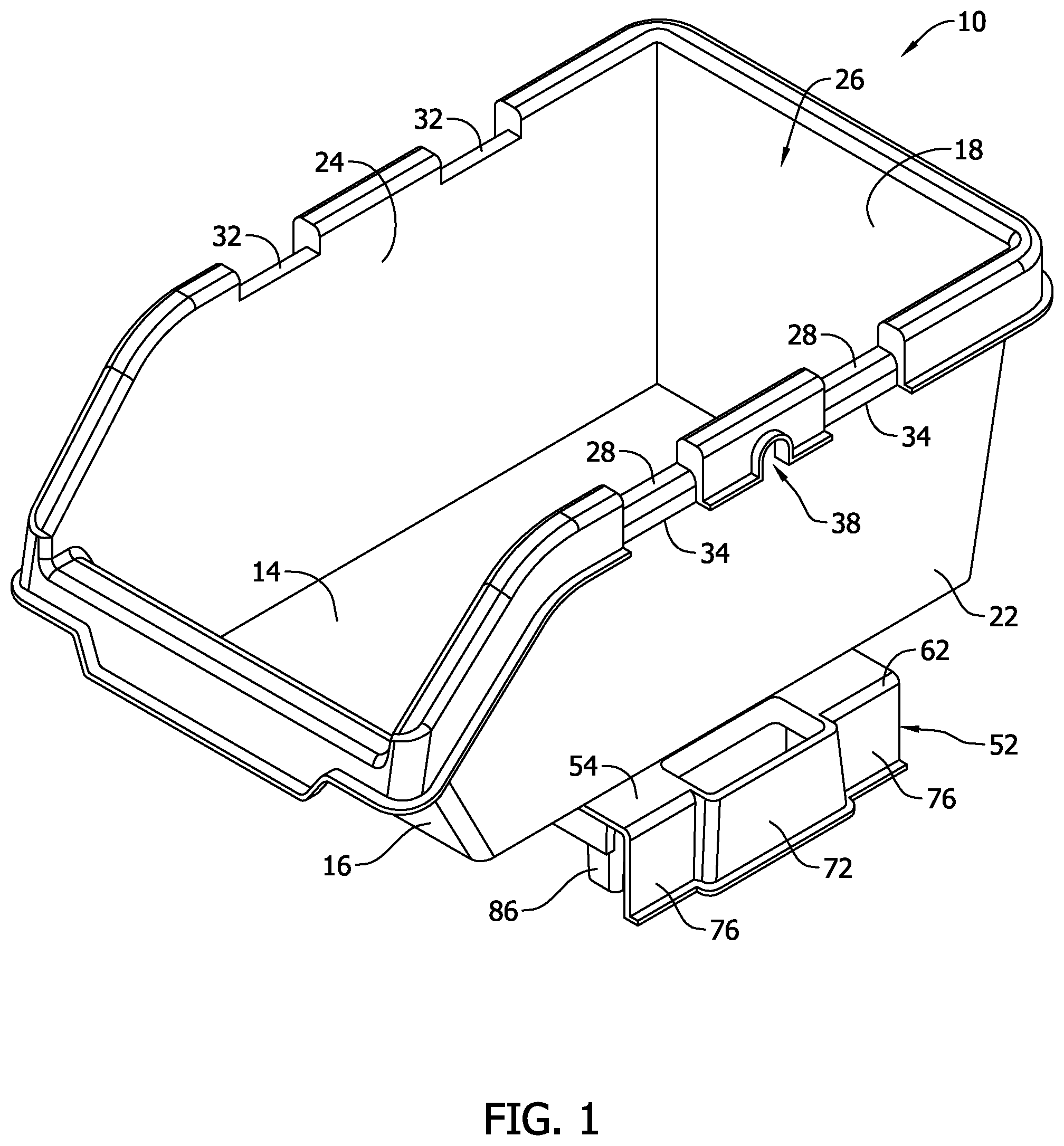Patent US11814213 Figure 1 – Storage apparatus having stackable nested bins