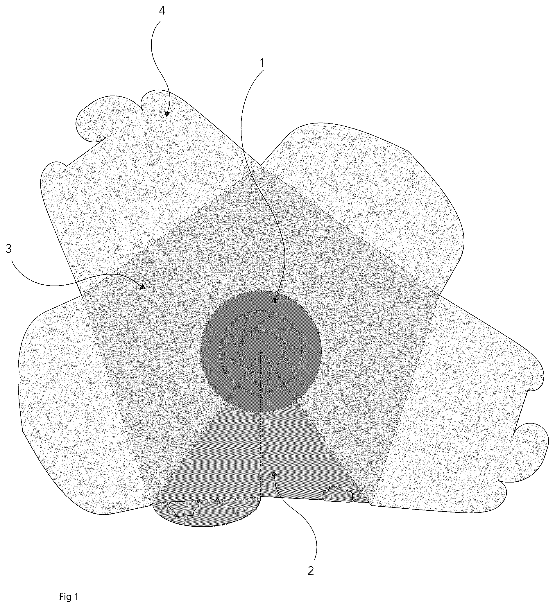 Patent US11814220 Figure 1 – Square liquids retaining bowl-type folded container
