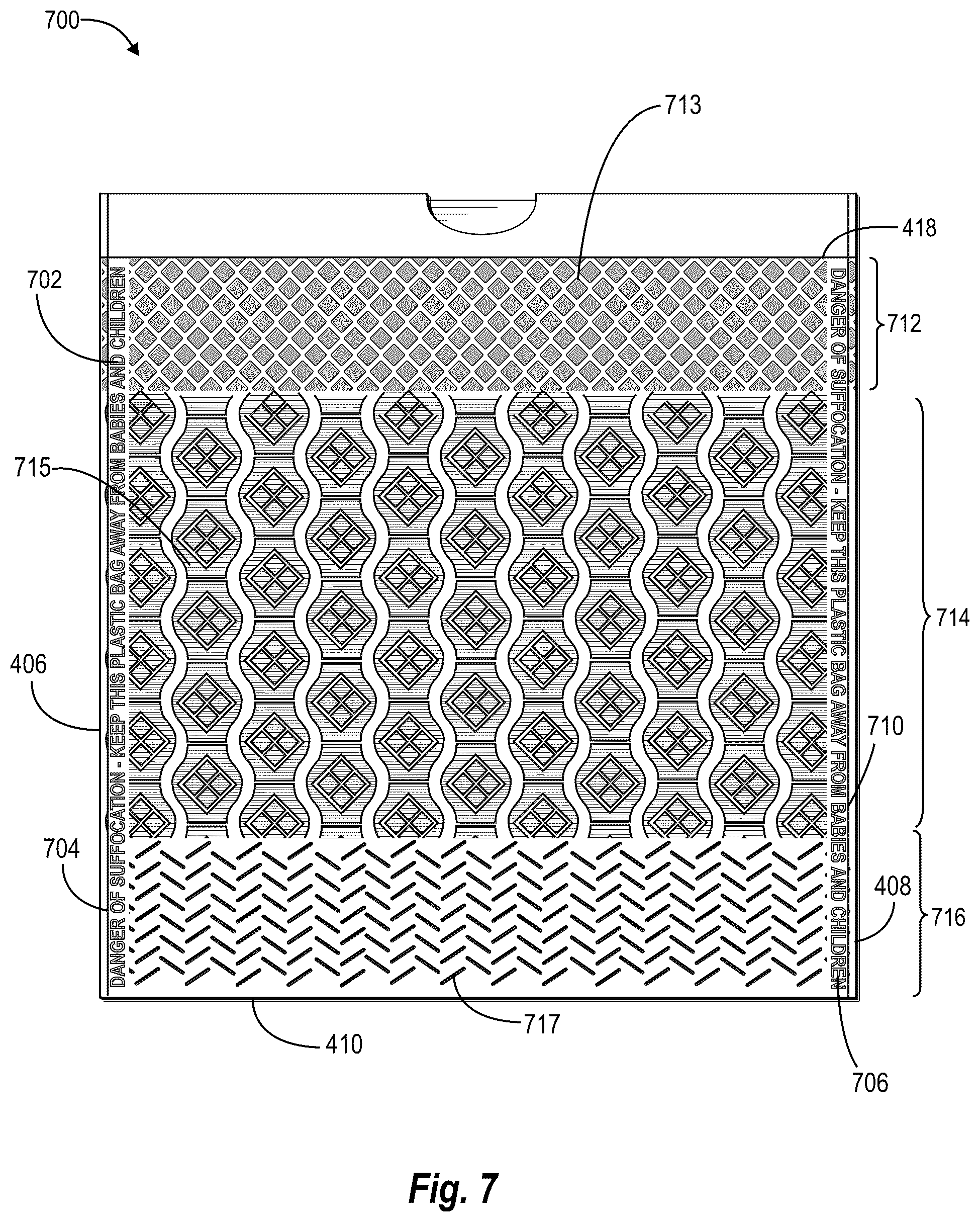 Patent US11814225 Figure 8 – Multi-film thermoplastic structures having visually-distinct contact areas arranged in text and methods of making the same