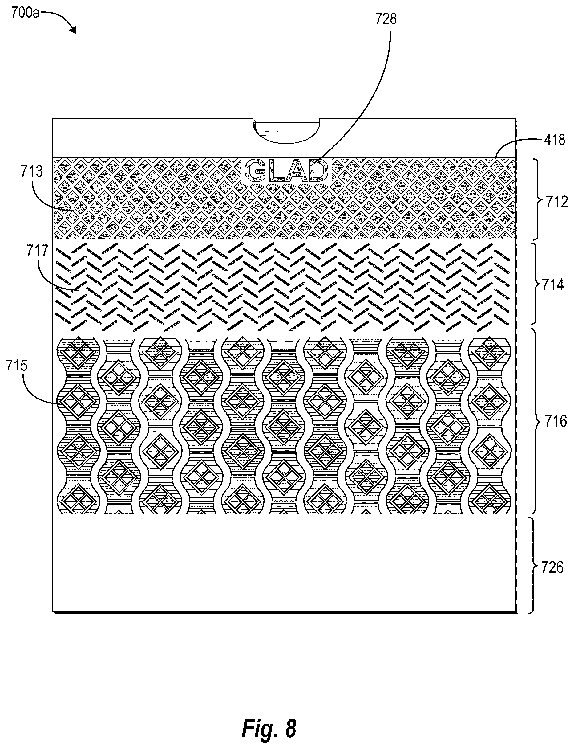 Patent US11814225 Figure 9 – Multi-film thermoplastic structures having visually-distinct contact areas arranged in text and methods of making the same