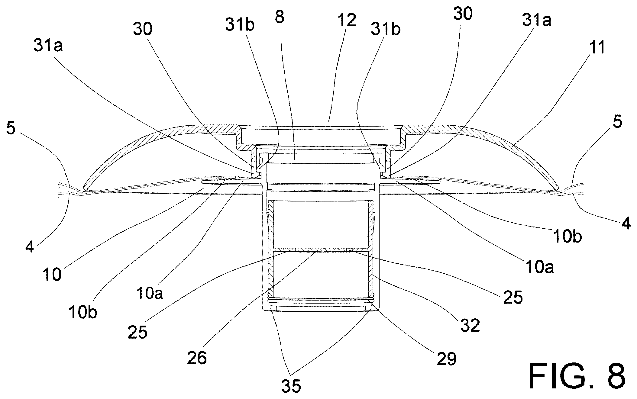 Patent US11814240 Figure 7 – Valve for injecting and/or extracting fluid for a wholesale merchandise container and container and method for treating and/or storing wholesale merchandise by means of said valve