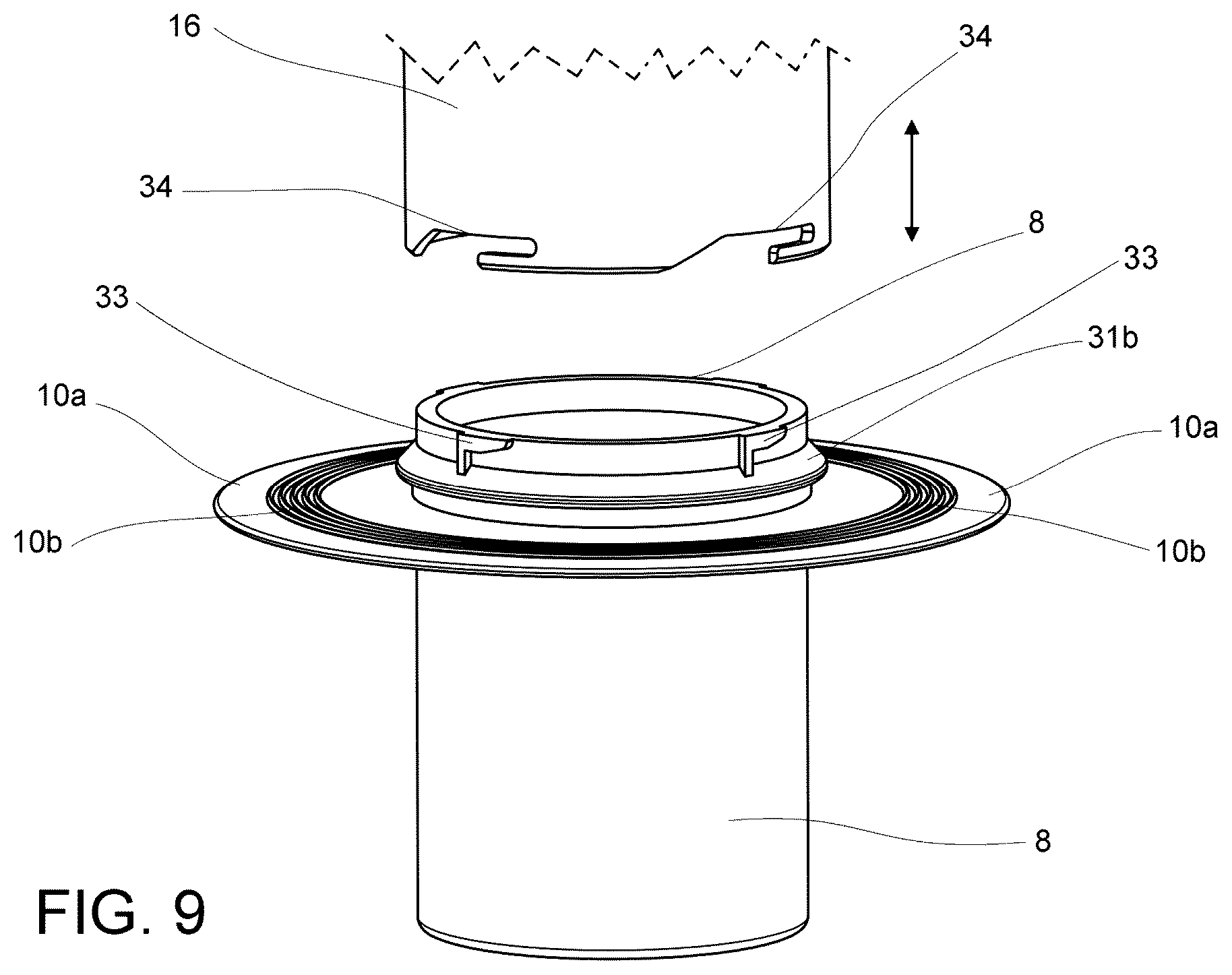 Patent US11814240 Figure 8 – Valve for injecting and/or extracting fluid for a wholesale merchandise container and container and method for treating and/or storing wholesale merchandise by means of said valve