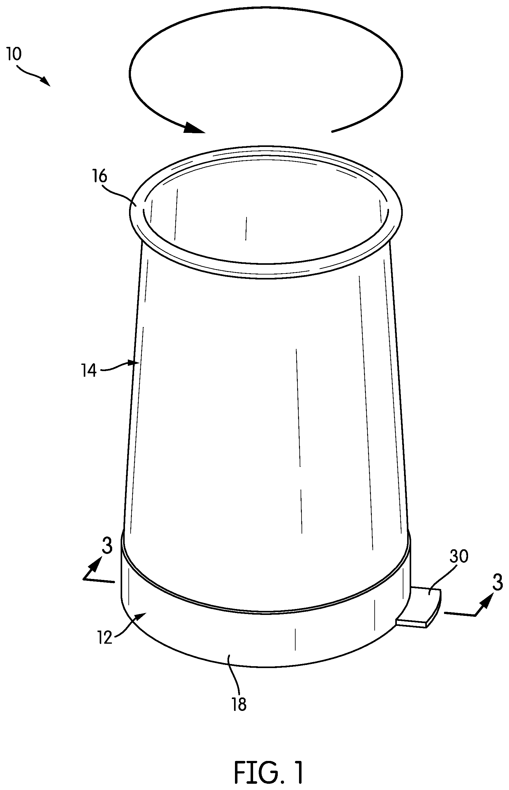Patent US11814243 Figure 1 – Two-part garbage can with twist-on sidewall