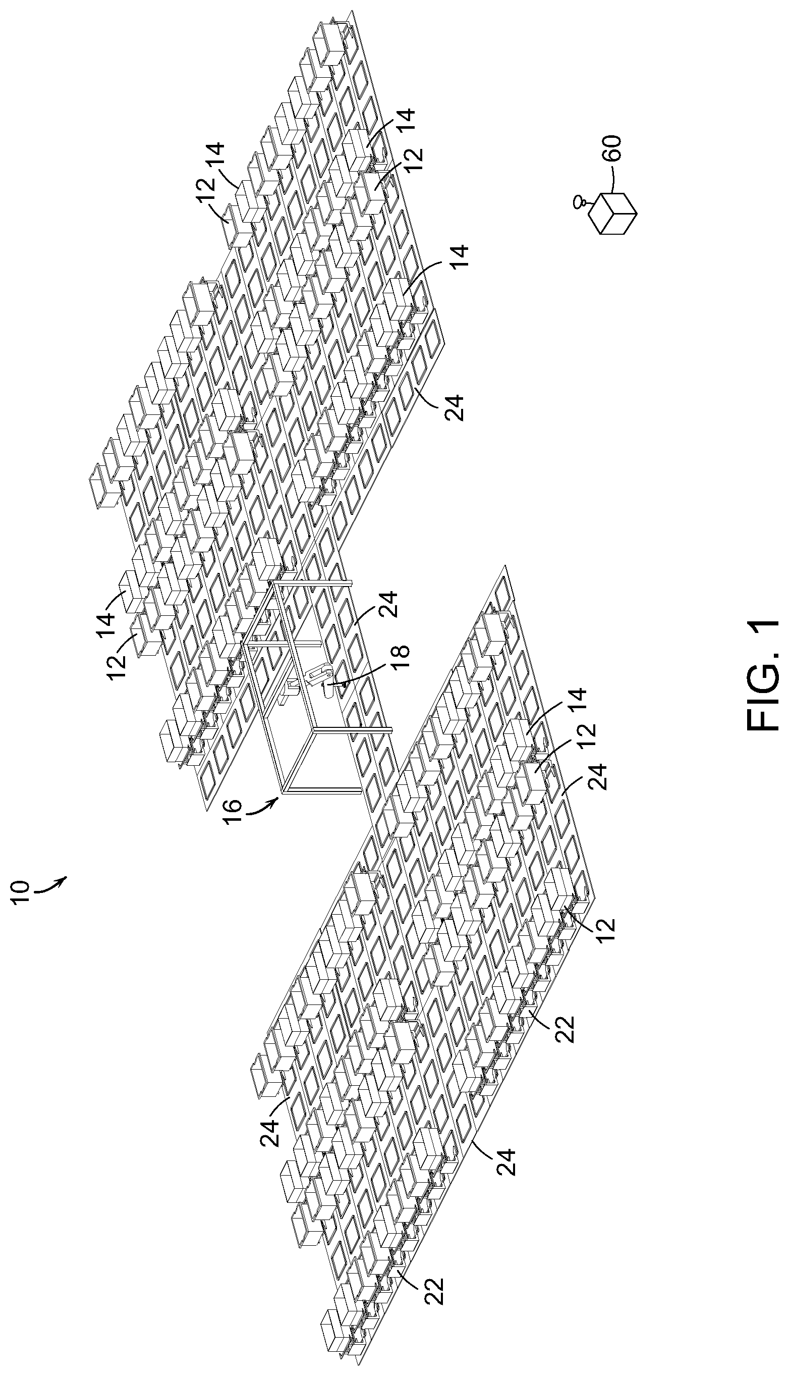 Patent US11814245 Figure 1 – Systems and methods for processing objects including mobile matrix carrier systems