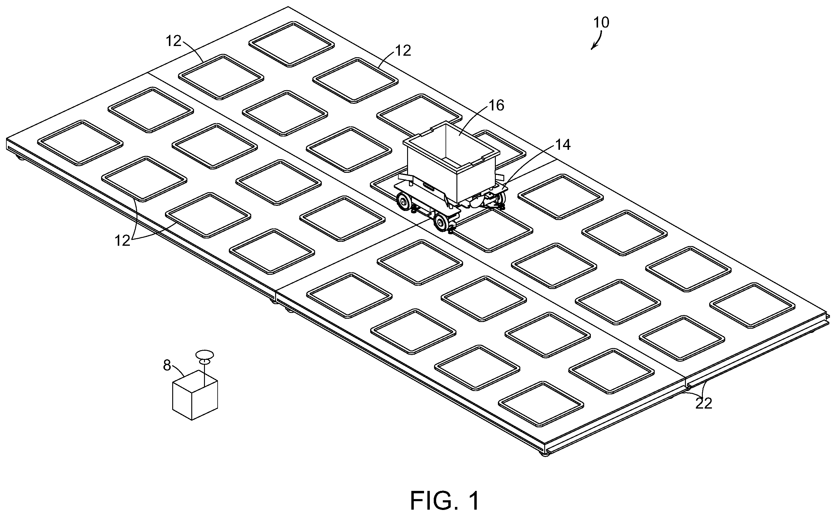 Patent US11814246 Figure 1 – Bin infeed and removal systems and methods for processing objects including mobile matrix carrier systems
