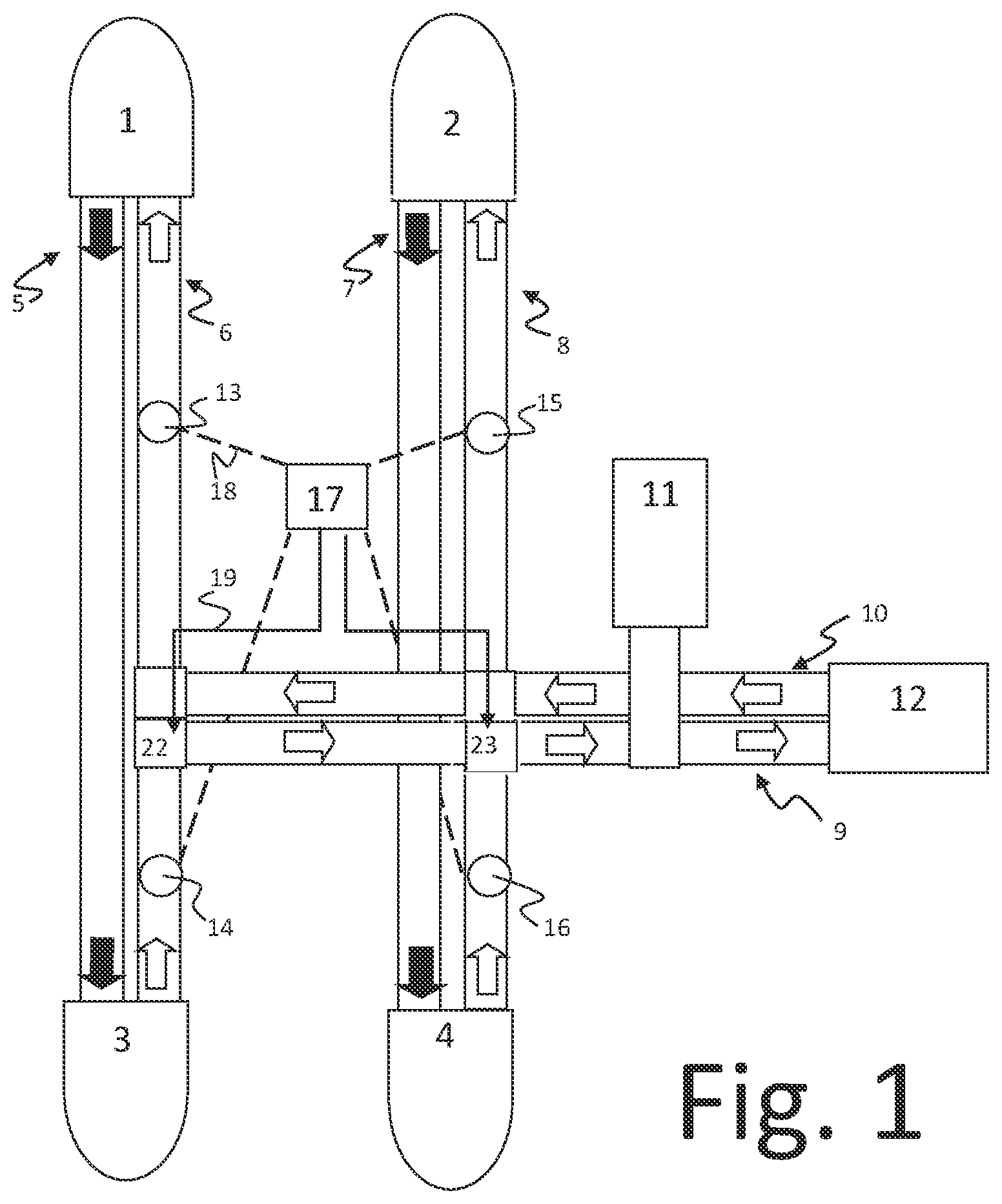 Patent US11814249 Figure 1 – Conveyor and logic systems to return, balance, and buffer processed or empty totes
