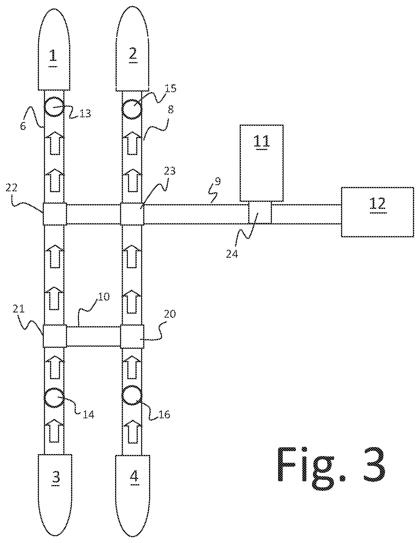 Patent US11814249 Figure 3 – Conveyor and logic systems to return, balance, and buffer processed or empty totes