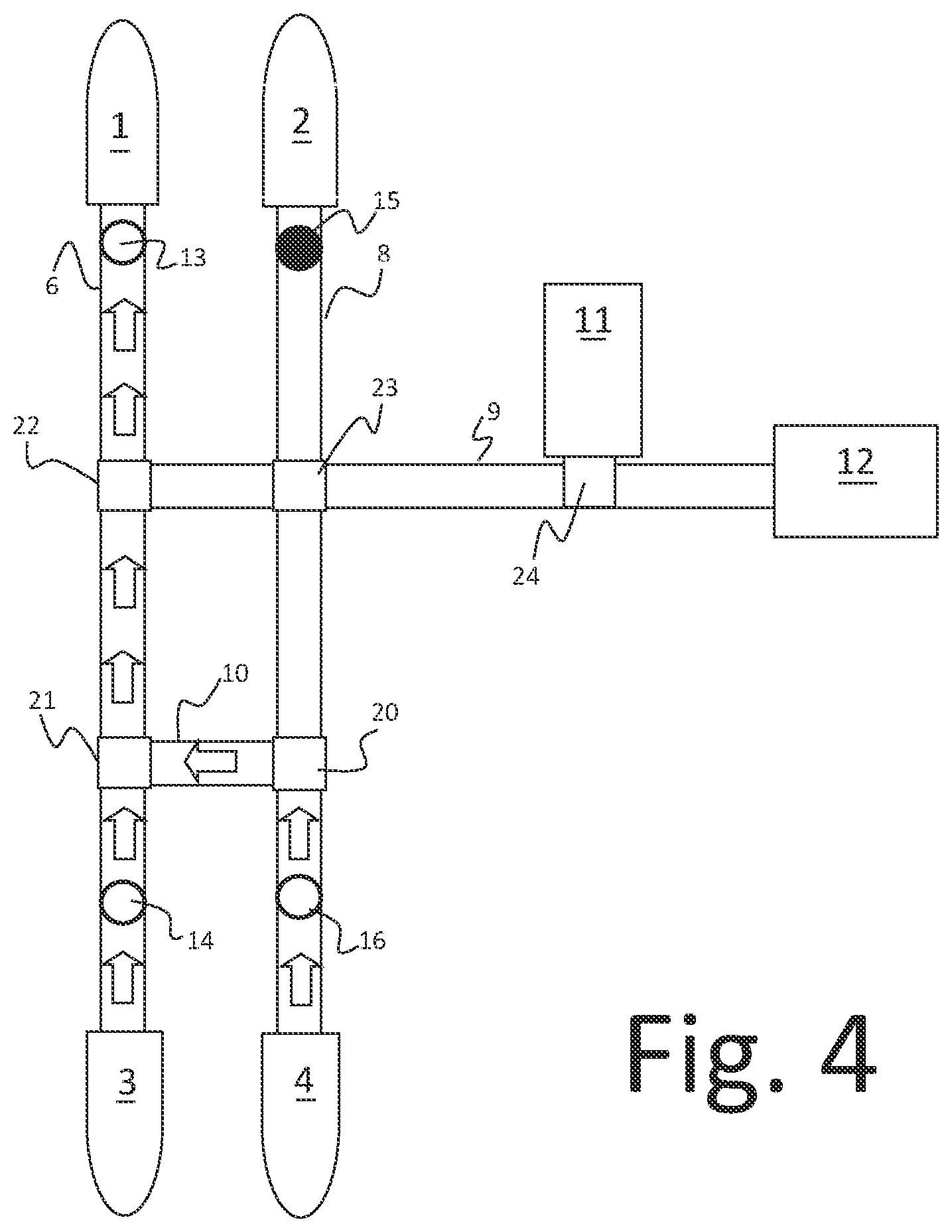 Patent US11814249 Figure 4 – Conveyor and logic systems to return, balance, and buffer processed or empty totes