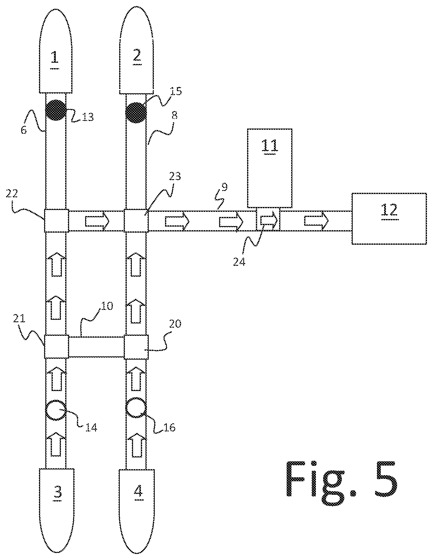 Patent US11814249 Figure 5 – Conveyor and logic systems to return, balance, and buffer processed or empty totes