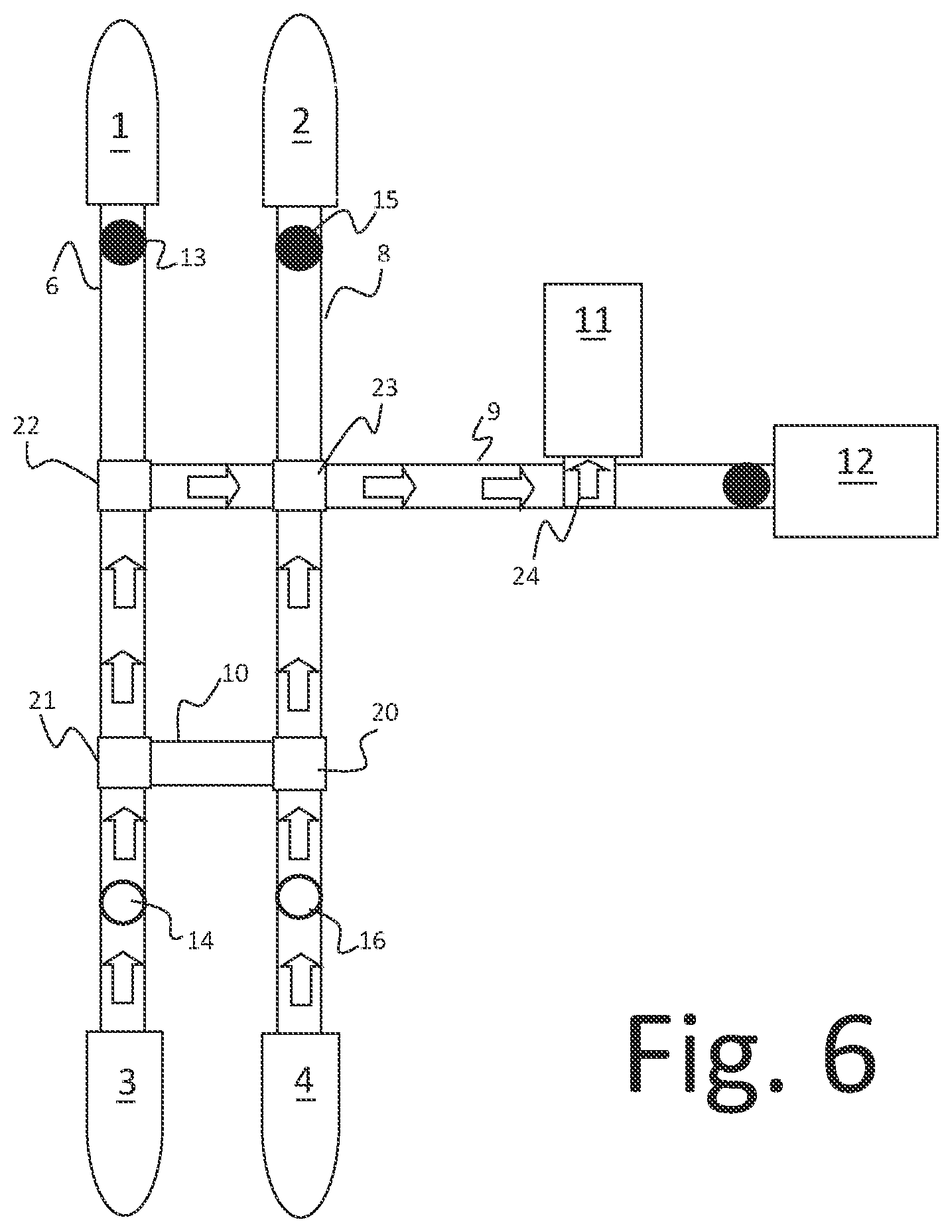 Patent US11814249 Figure 6 – Conveyor and logic systems to return, balance, and buffer processed or empty totes