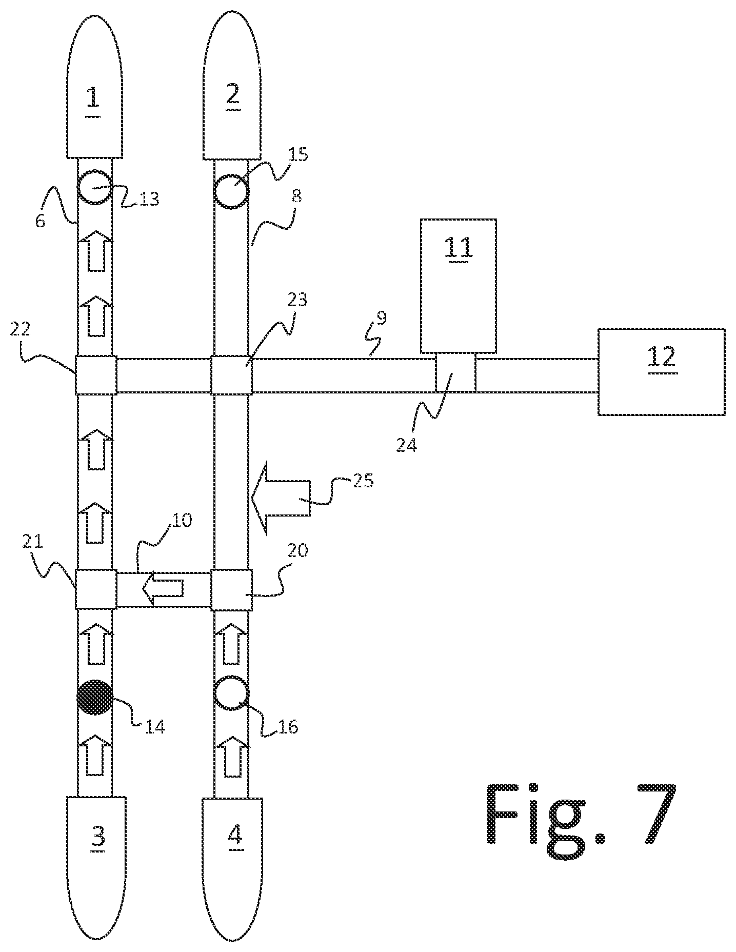Patent US11814249 Figure 7 – Conveyor and logic systems to return, balance, and buffer processed or empty totes