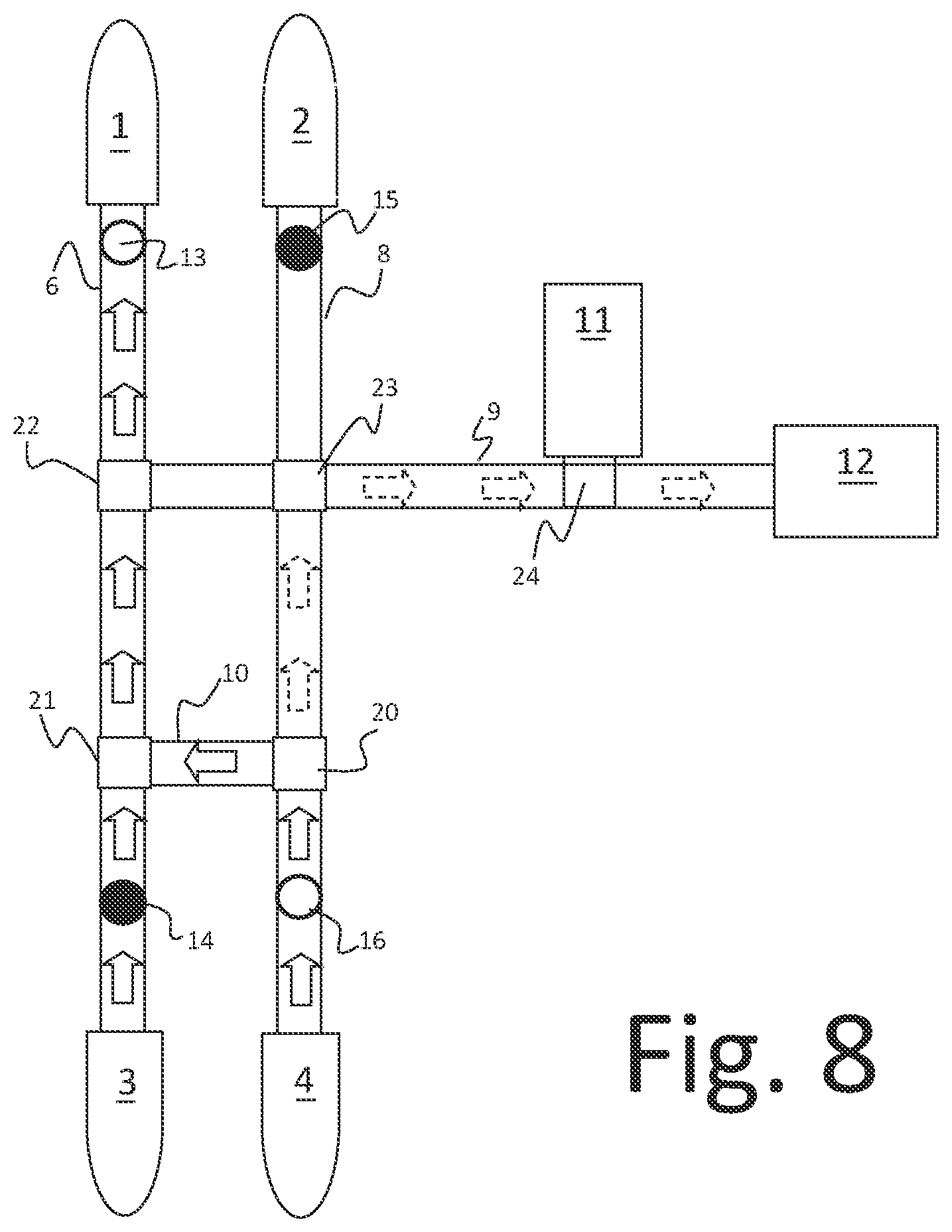 Patent US11814249 Figure 8 – Conveyor and logic systems to return, balance, and buffer processed or empty totes