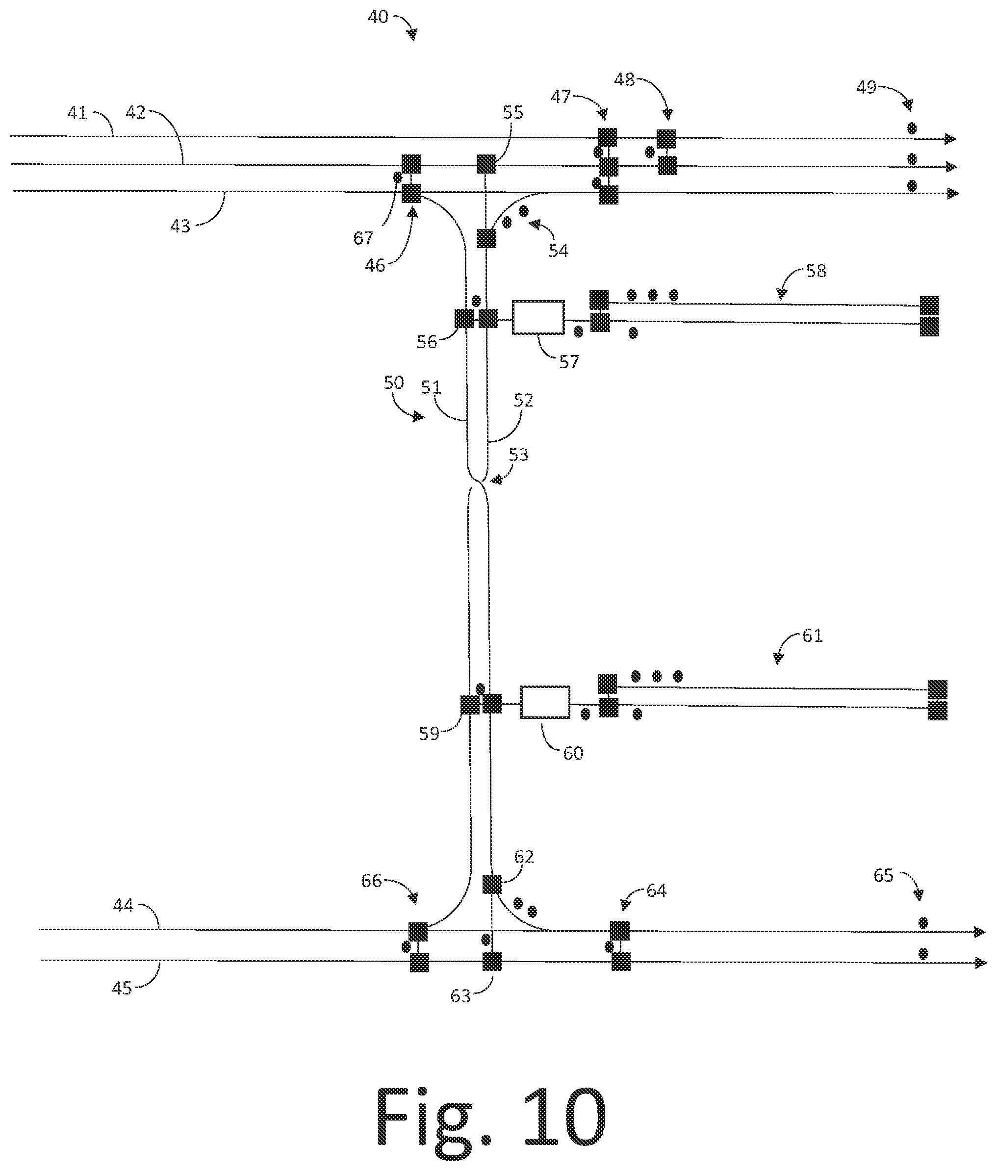 Patent US11814249 Figure 10 – Conveyor and logic systems to return, balance, and buffer processed or empty totes