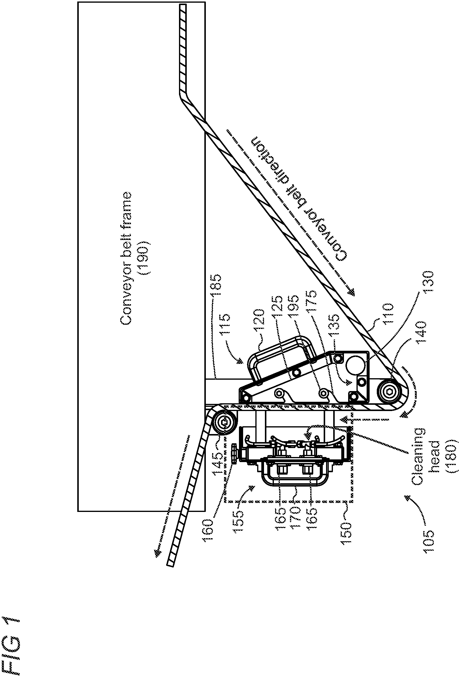 Patent US11814250 Figure 1 – Air-powered conveyor belt cleaner for small debris and particles