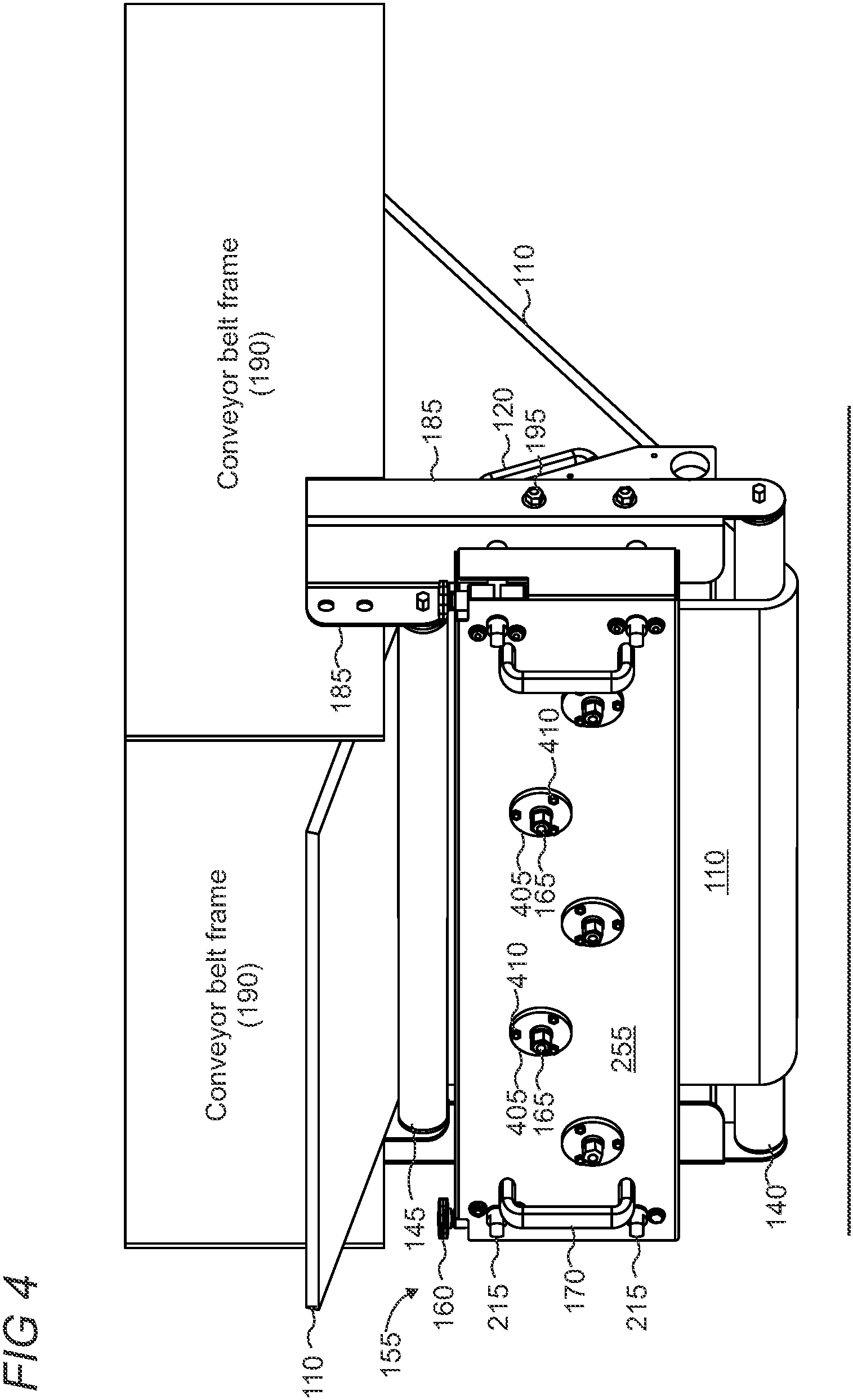 Patent US11814250 Figure 4 – Air-powered conveyor belt cleaner for small debris and particles