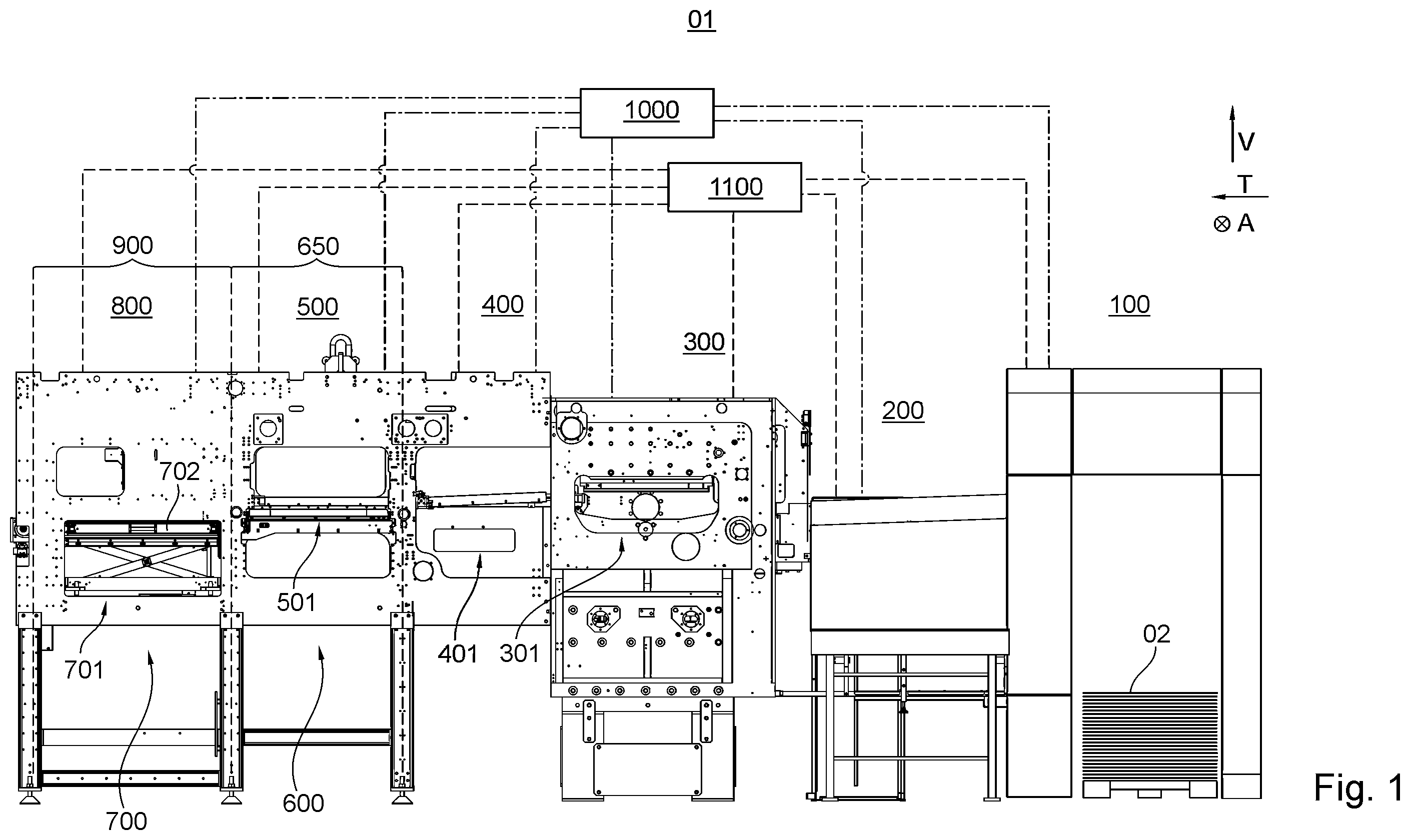 Patent US11814254 Figure 1 – Die-cutting machine comprising a transport system configured as a chain gripper system and method for opening at least one holding element