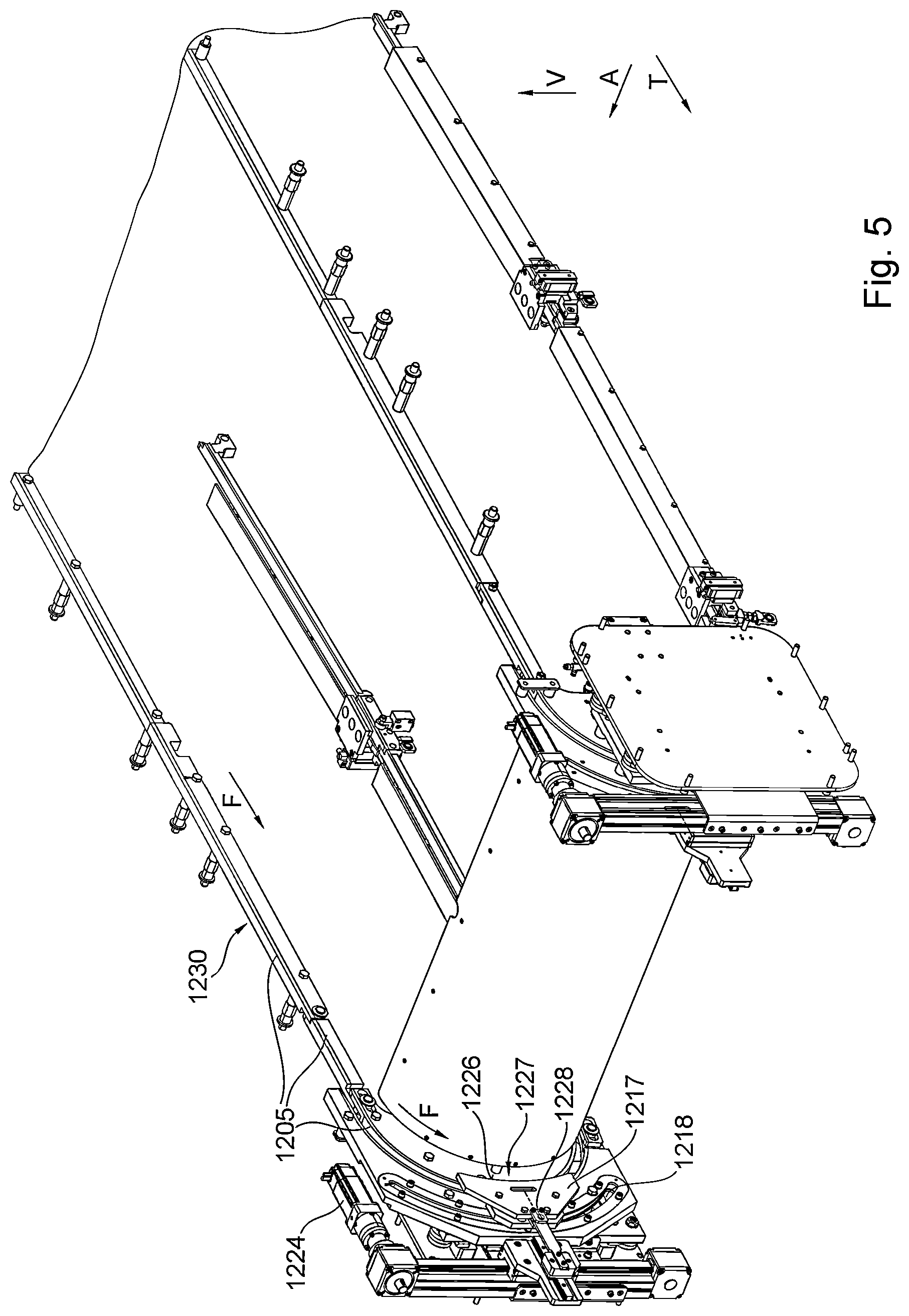Patent US11814254 Figure 5 – Die-cutting machine comprising a transport system configured as a chain gripper system and method for opening at least one holding element