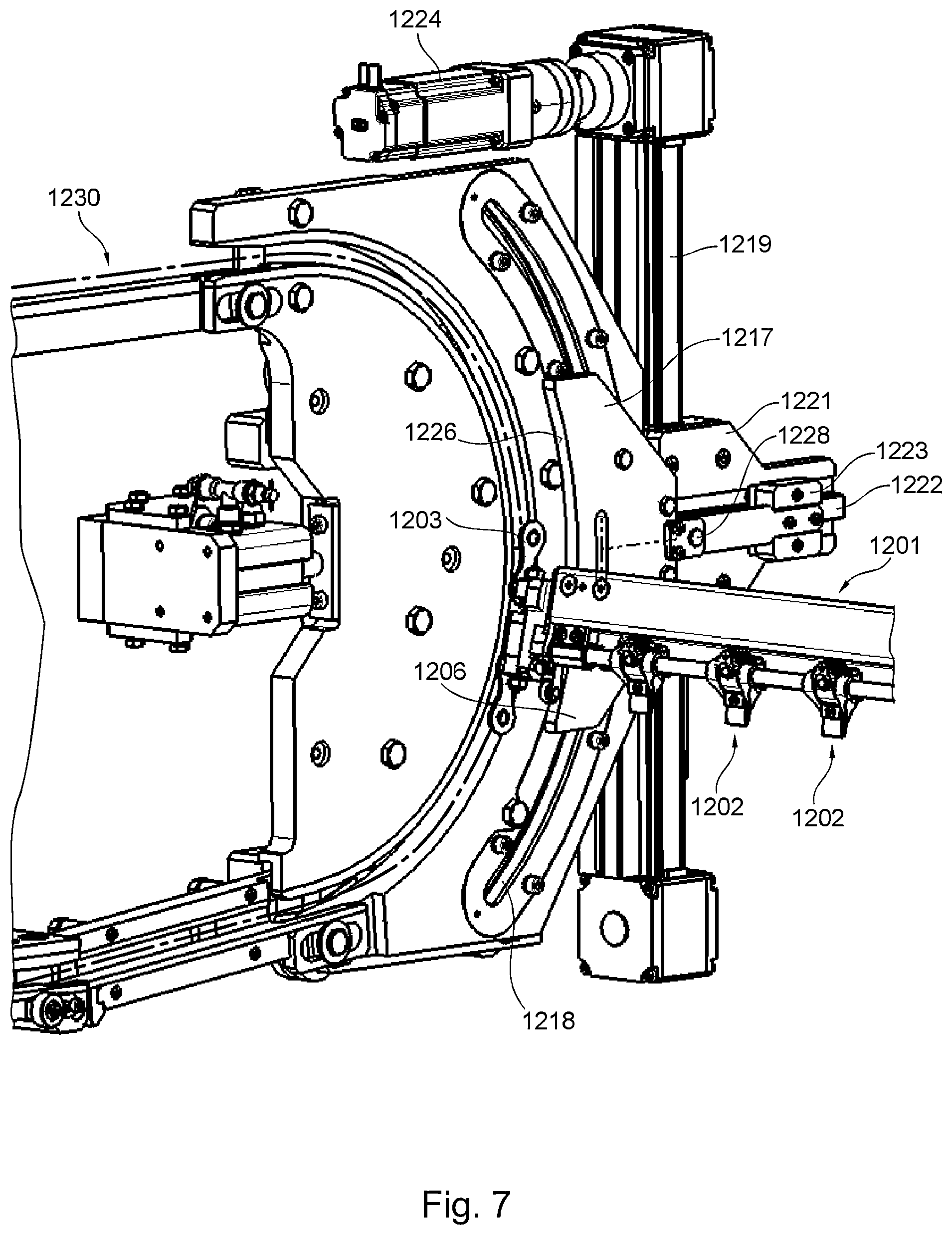 Patent US11814254 Figure 7 – Die-cutting machine comprising a transport system configured as a chain gripper system and method for opening at least one holding element
