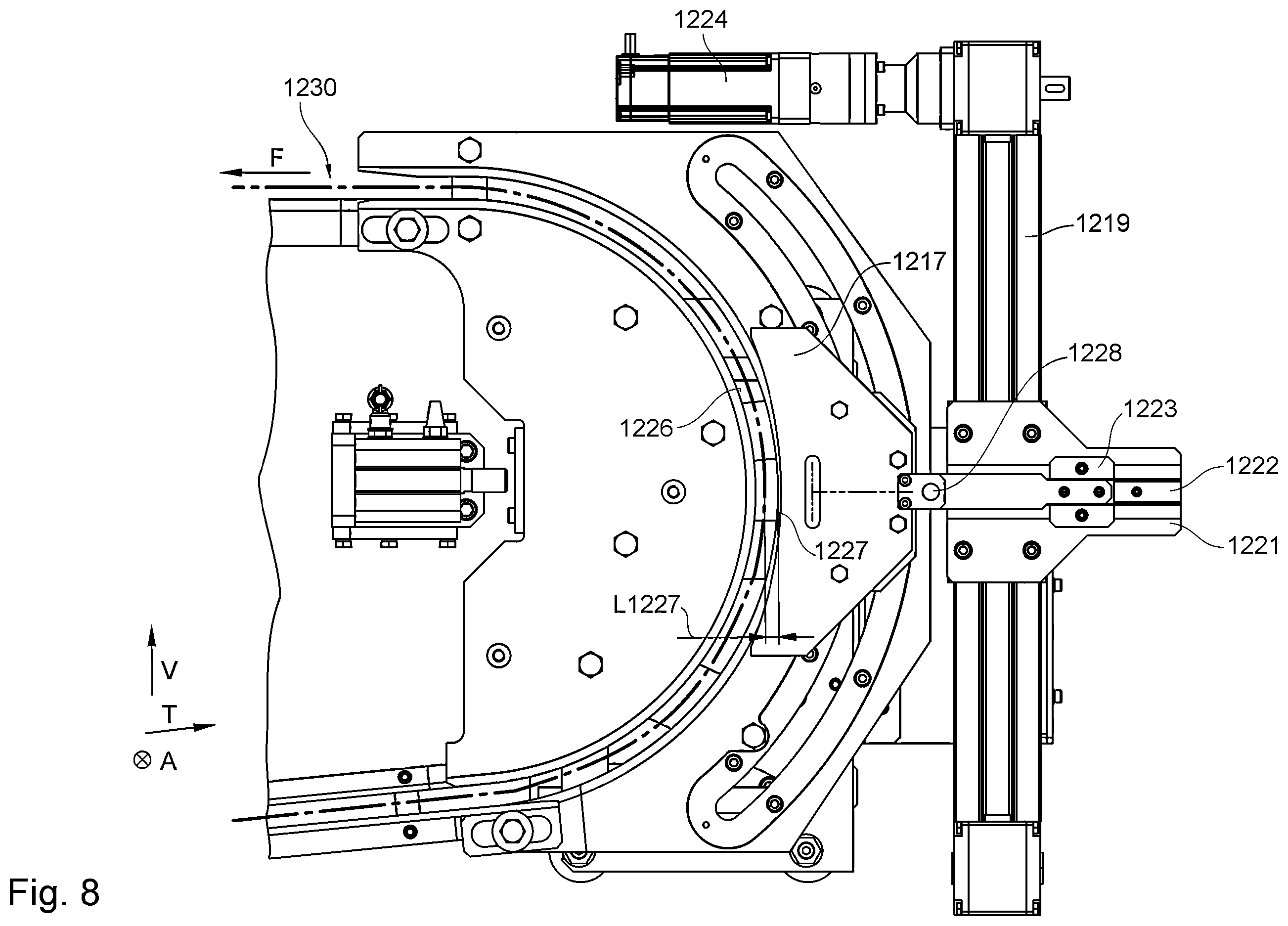 Patent US11814254 Figure 8 – Die-cutting machine comprising a transport system configured as a chain gripper system and method for opening at least one holding element