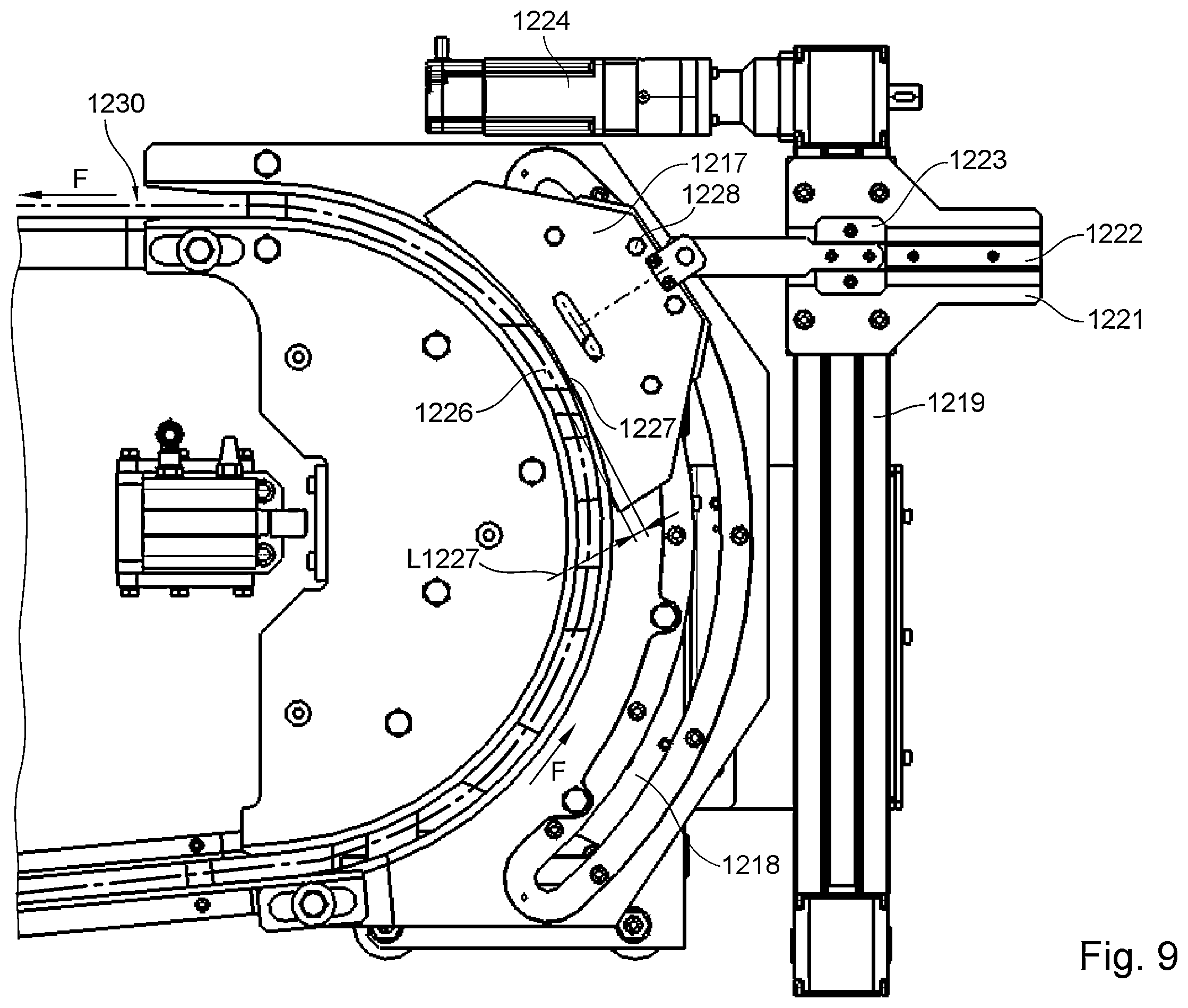Patent US11814254 Figure 9 – Die-cutting machine comprising a transport system configured as a chain gripper system and method for opening at least one holding element