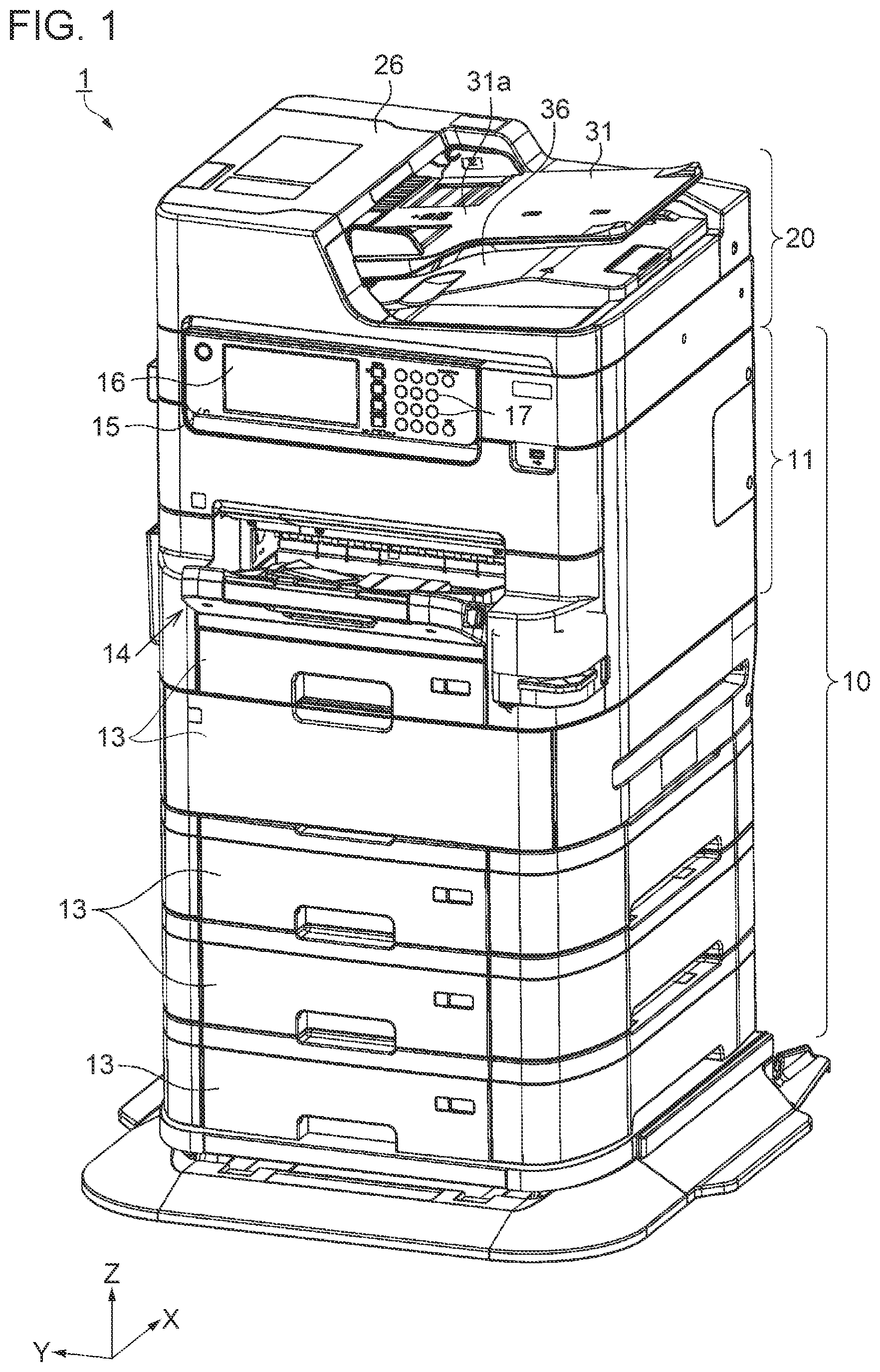 Patent US11814255 Figure 1 – Medium-transporting device and image reading apparatus