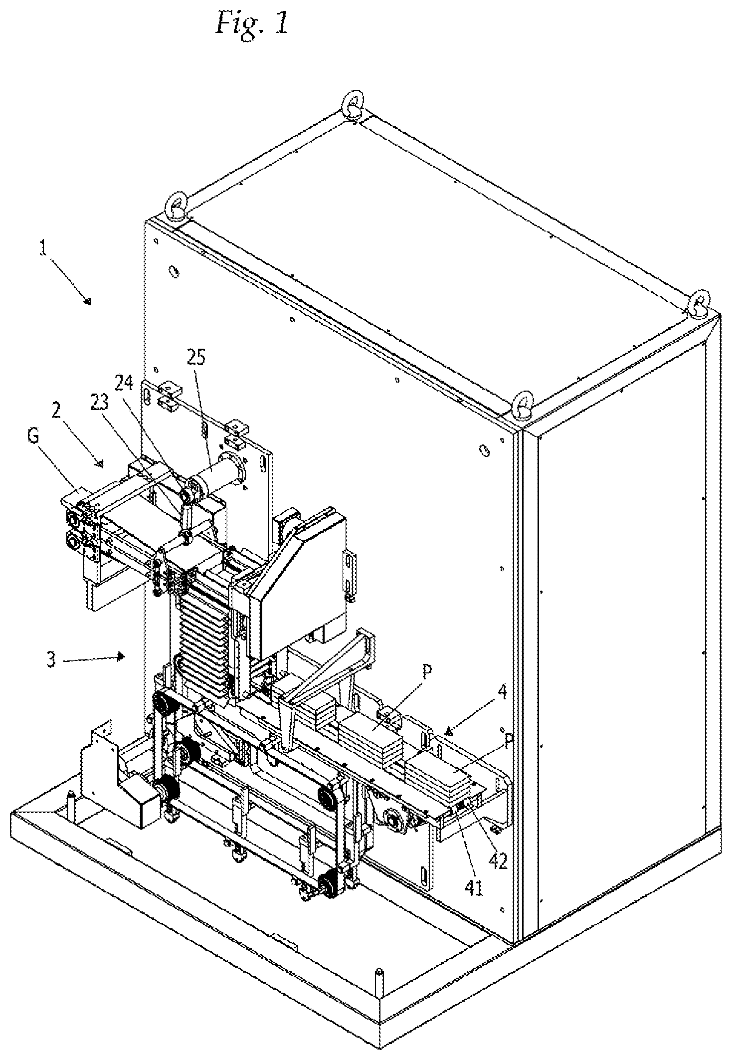 Patent US11814256 Figure 1 – Forming assembly of multilayer packets of wet wipes